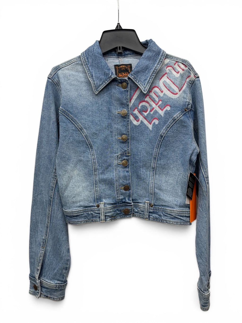 ✨ Von Dutch Originals Cropped Denim Jacket – Y2K Graphic Embroidered Jean Jacket – 💙🔥 ✨ Size XS