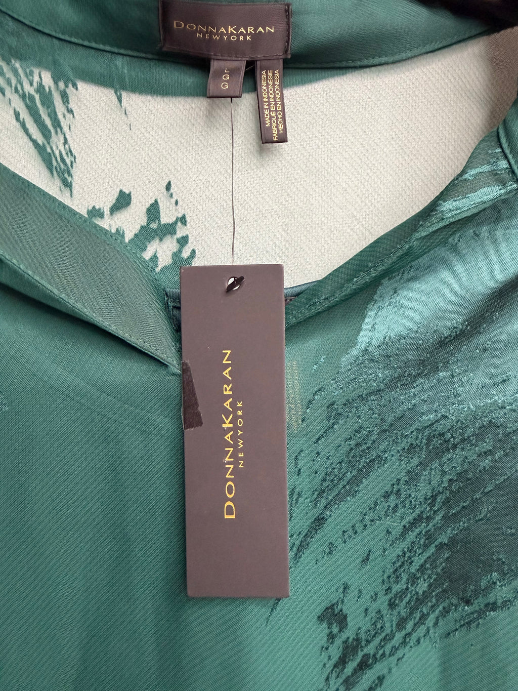 🌲 Donna Karan New York Emerald Satin Sheer Overlay Blouse – Elegant Flowy Designer Top ✨ Size Large