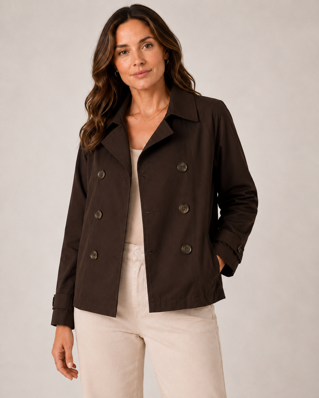 🤎 Michael Kors Chocolate Double-Breasted Short Trench Coat Jacket – Water Resistant | Women’s Luxury Outerwear ✨ Size Large