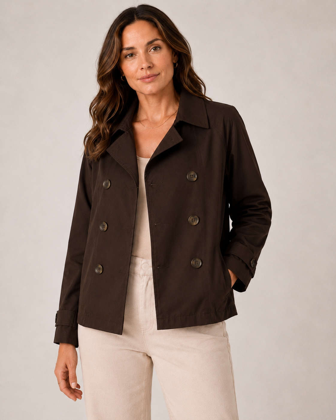 🤎 Michael Kors Chocolate Double-Breasted Short Trench Coat Jacket – Water Resistant | Women’s Luxury Outerwear ✨ Size Large