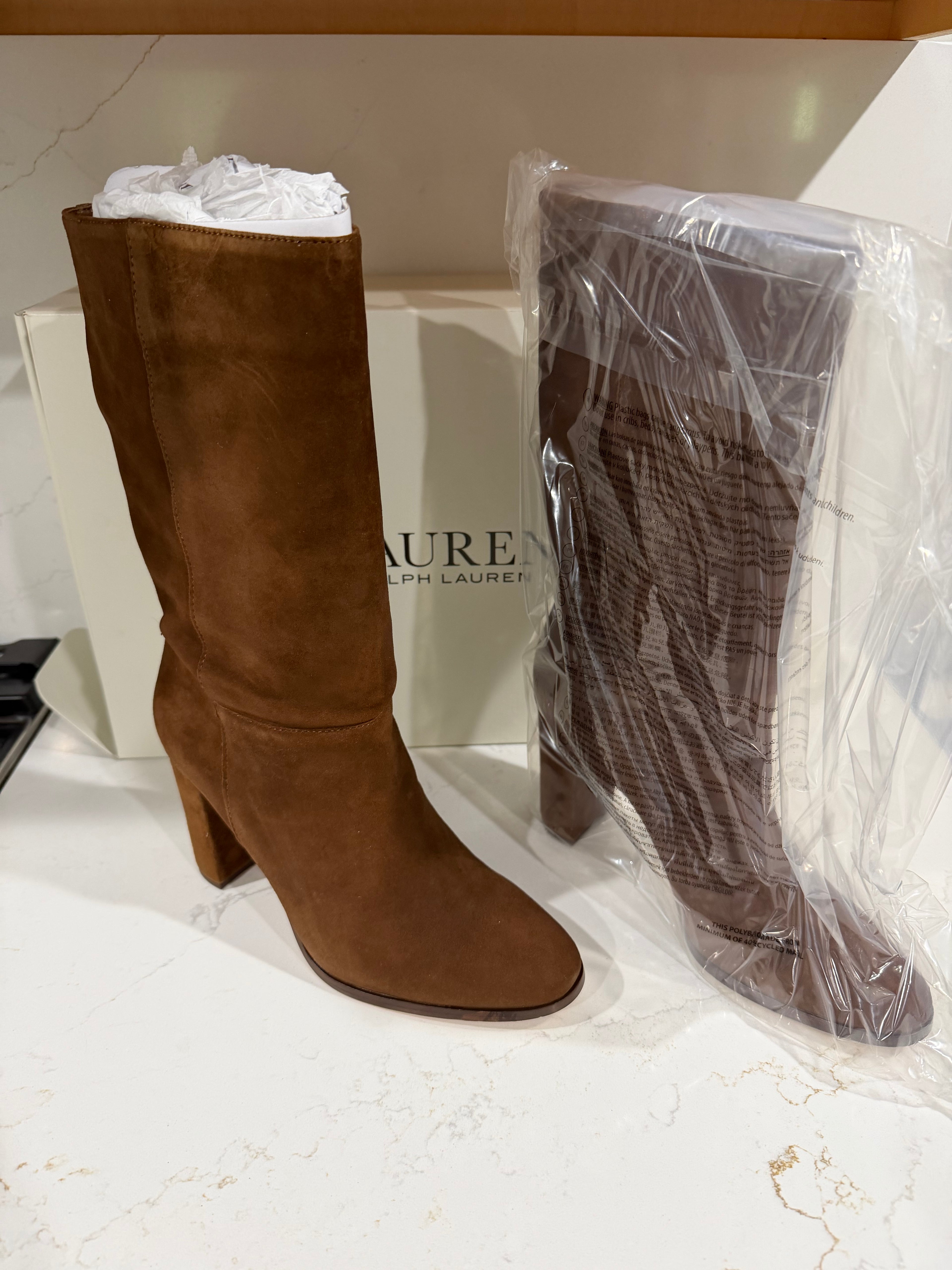 Brown Kid Suede Lauren Ralph Lauren Artizan II knee-high boots for women, size 9B, stylish and elegant footwear.