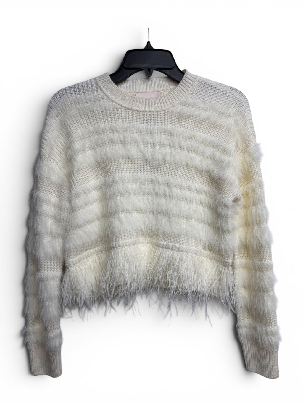✨ Cinq à Sept Vivi Pullover Sweater Ivory Feather Trim Luxury Designer Knit 🤍✨ Size XXS