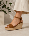Brown kid suede Lauren Ralph Lauren Leona espadrille wedge sandals with ankle straps, size 9B, displayed on a neutral background.