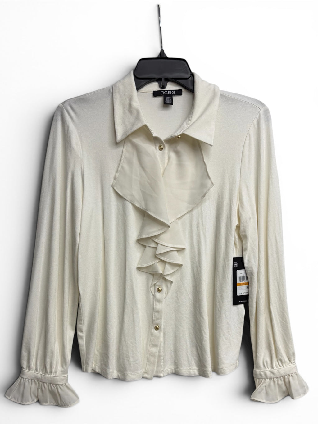 ✨ BCBG Ivory Ruffle Front Blouse – Elegant Long Sleeve Button Detail Top - Size Small