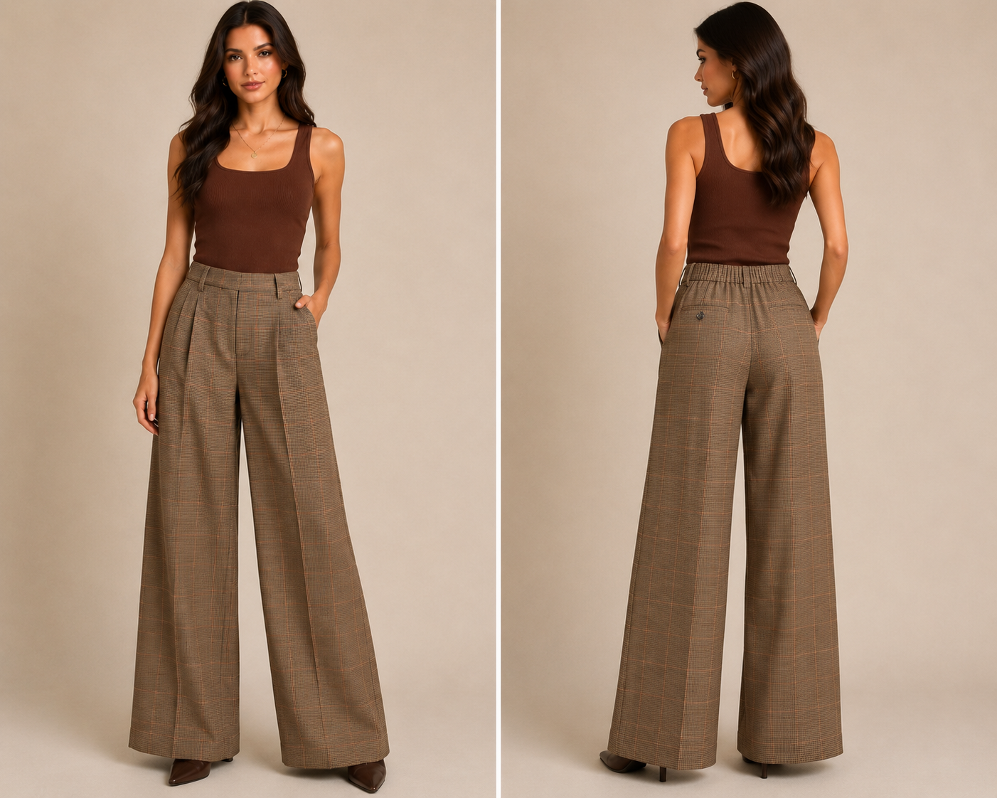 🧸🤎 Anthropologie Petites Brown Plaid Wide-Leg Trouser Pants | High Rise Tailored Relaxed Fit ✨ Petite Medium (MP)