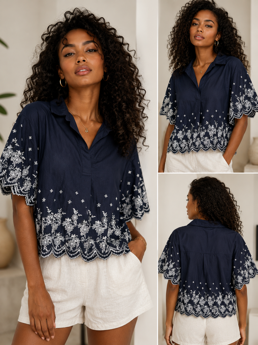 ✨ CeCe C’est La Vie Embroidered Flutter Sleeve Blouse – Night Shade Navy | Scalloped Hem Top ✨ Size Small