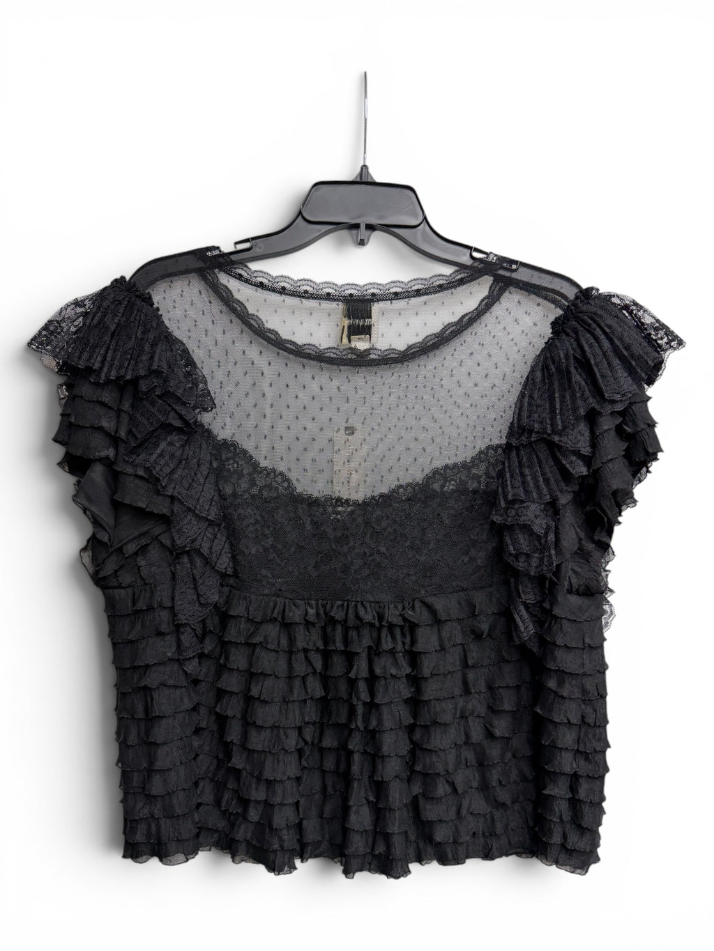 🖤 Anthropologie Black Onyx Sheer Swiss Dot Lace Ruffle Flutter Sleeve Blouse Top 🖤 - Size Large