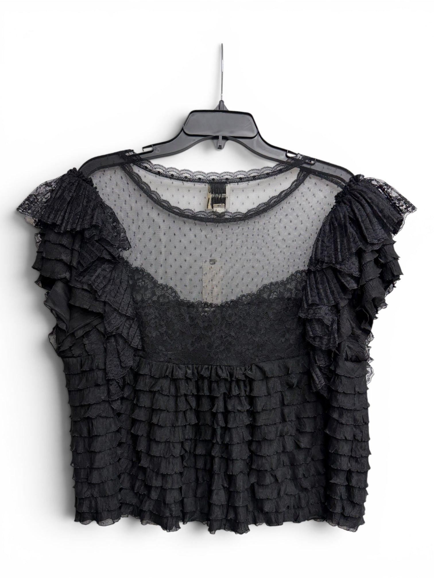 🖤 Anthropologie Black Onyx Sheer Swiss Dot Lace Ruffle Flutter Sleeve Blouse Top 🖤 - Size Large