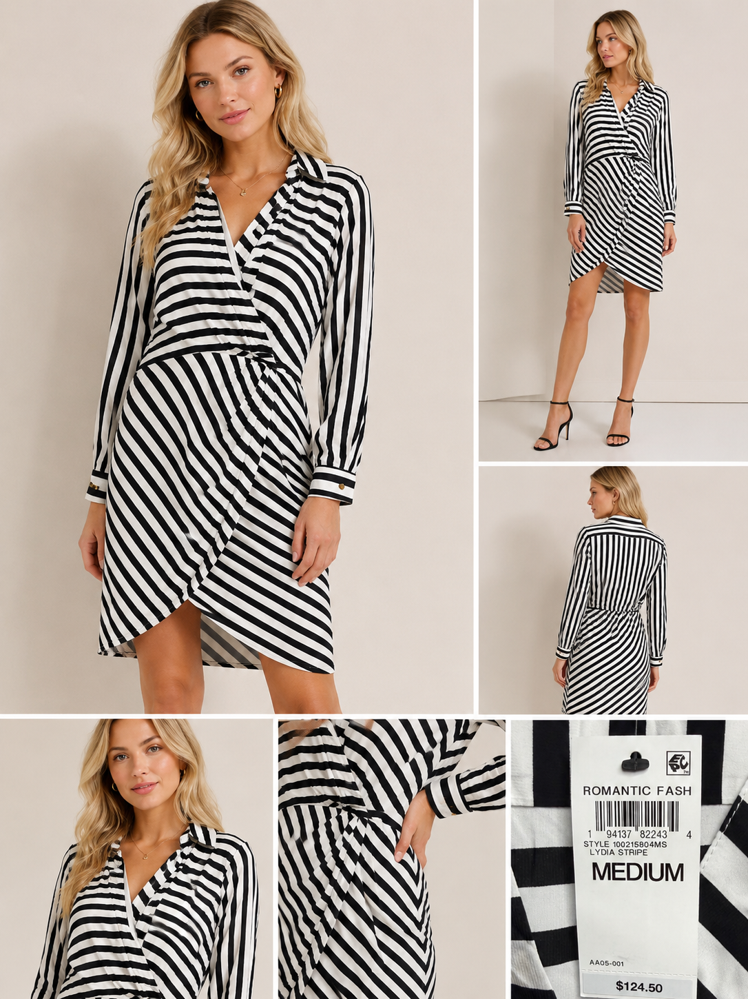 🖤 I.N.C. International Concepts Black & White Striped Wrap Shirt Dress | Long Sleeve Collared Midi Dress | Size Medium