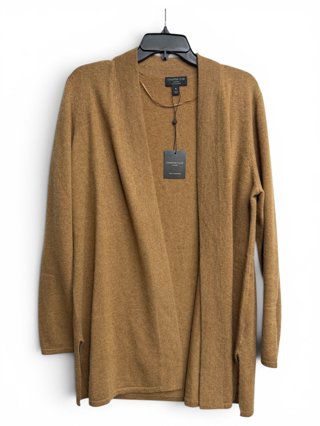 🧥✨ Charter Club Luxury 100% Cashmere Open Front Cardigan Sweater – Camel Brown – Women’s Luxury Layering Piece ✨ Size Petite Large