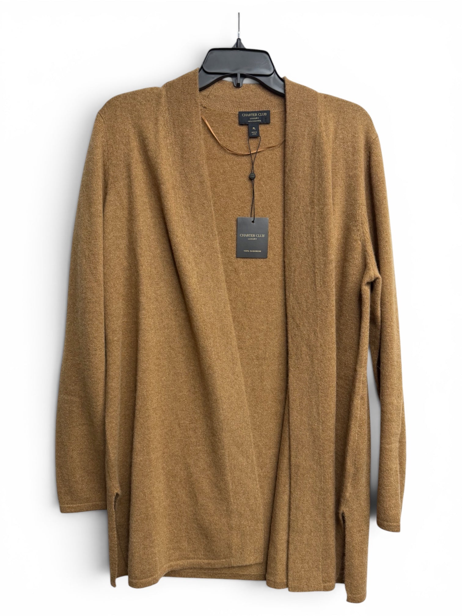🧥✨ Charter Club Luxury 100% Cashmere Open Front Cardigan Sweater – Camel Brown – Women’s Luxury Layering Piece ✨ Size Petite Large