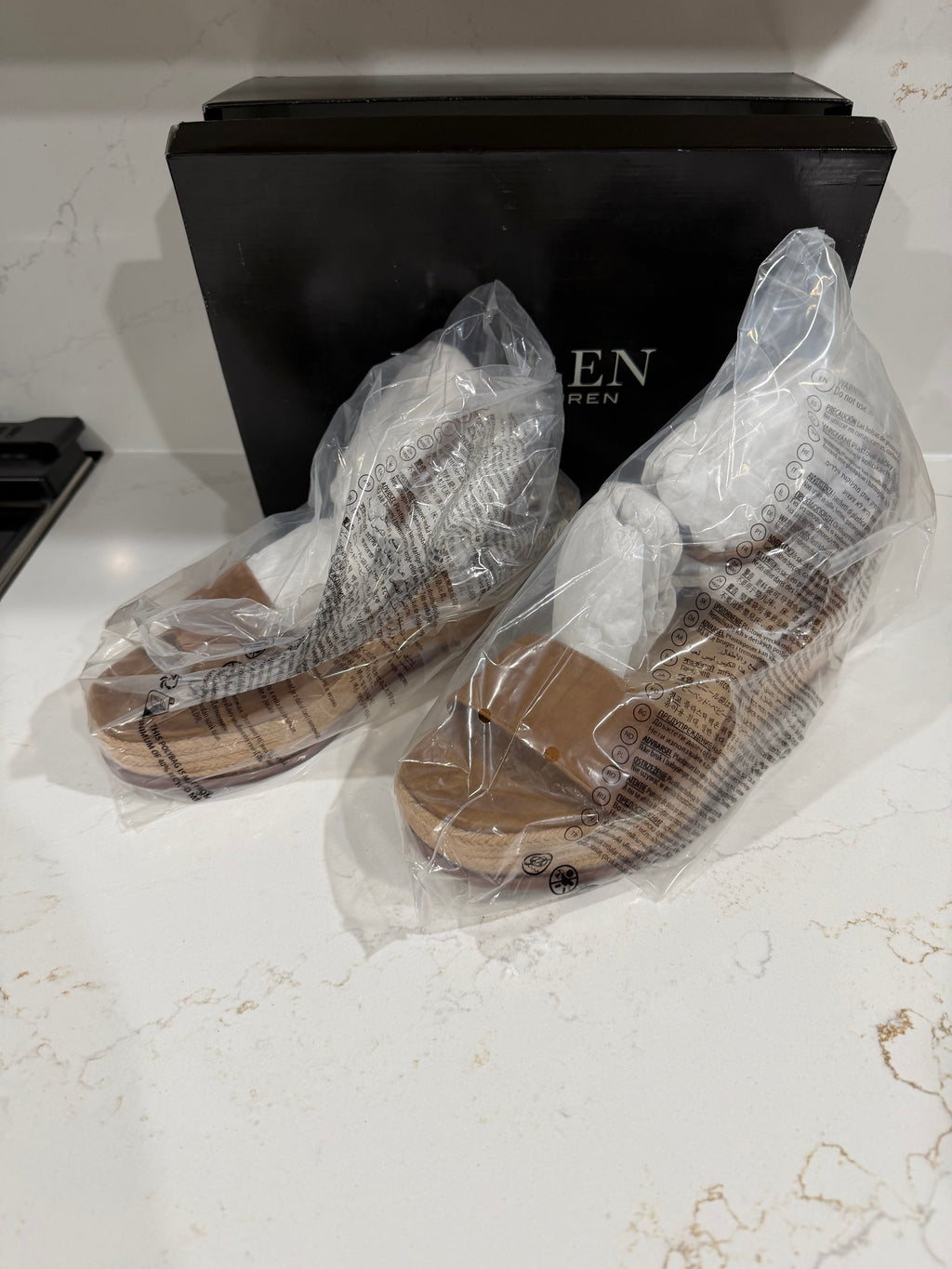 Brown Kid Suede Lauren Ralph Lauren Leona espadrille wedge sandals with ankle straps, size 9B, displayed on a neutral background.