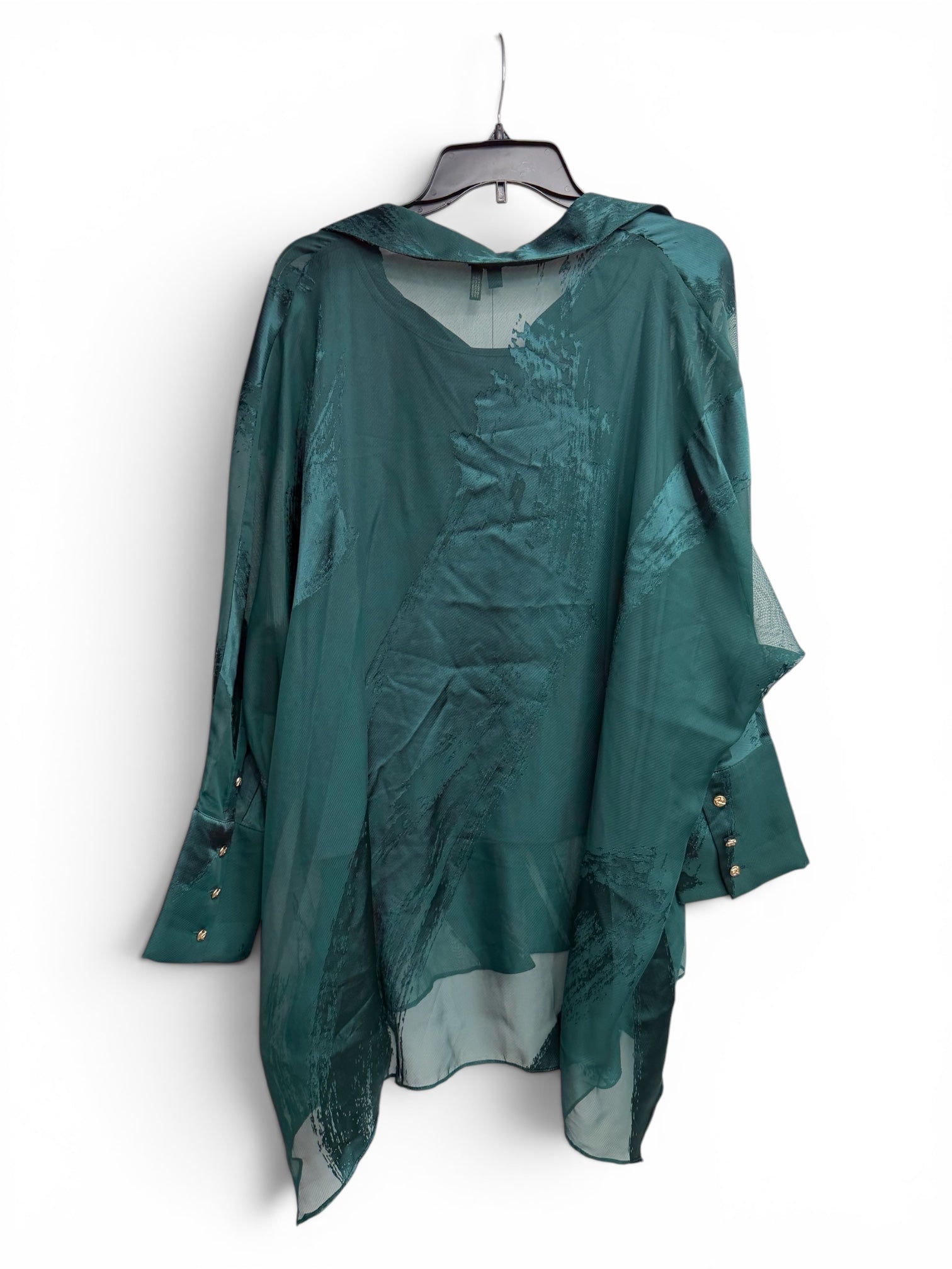 🌲 Donna Karan New York Emerald Satin Sheer Overlay Blouse – Elegant Flowy Designer Top ✨ Size Large