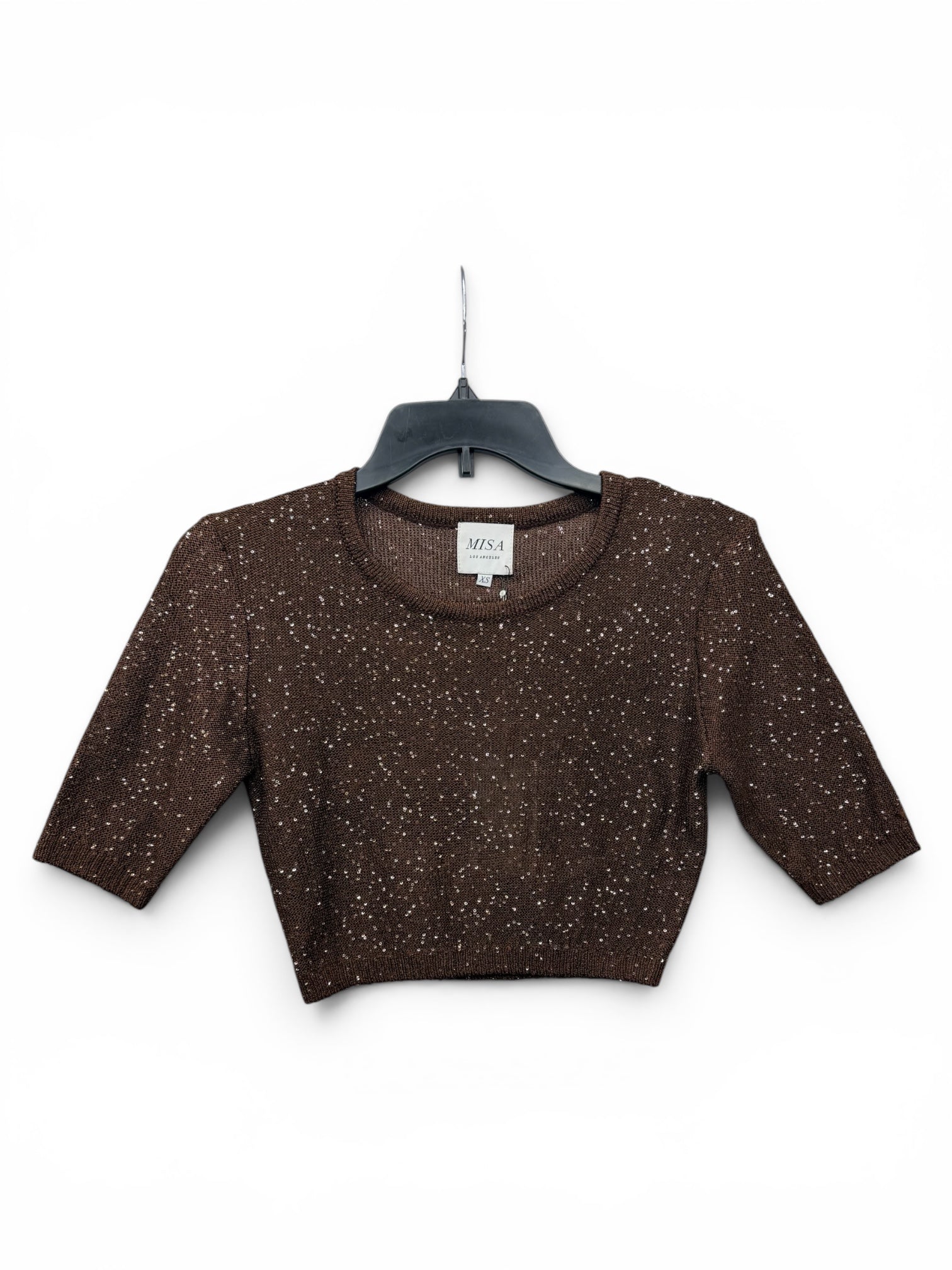 ✨ MISA Los Angeles Brown Sequin Knit Crop Sweater – Luxe Sparkle Cropped Top – ✨🤎 Size XS