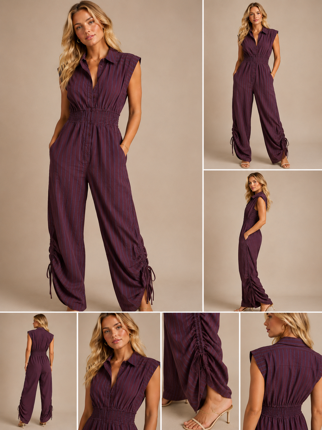 🖤 Anthropologie Burgundy Pinstripe Utility Jumpsuit – Ruched Leg Sleeveless One Piece – Size Small 🖤