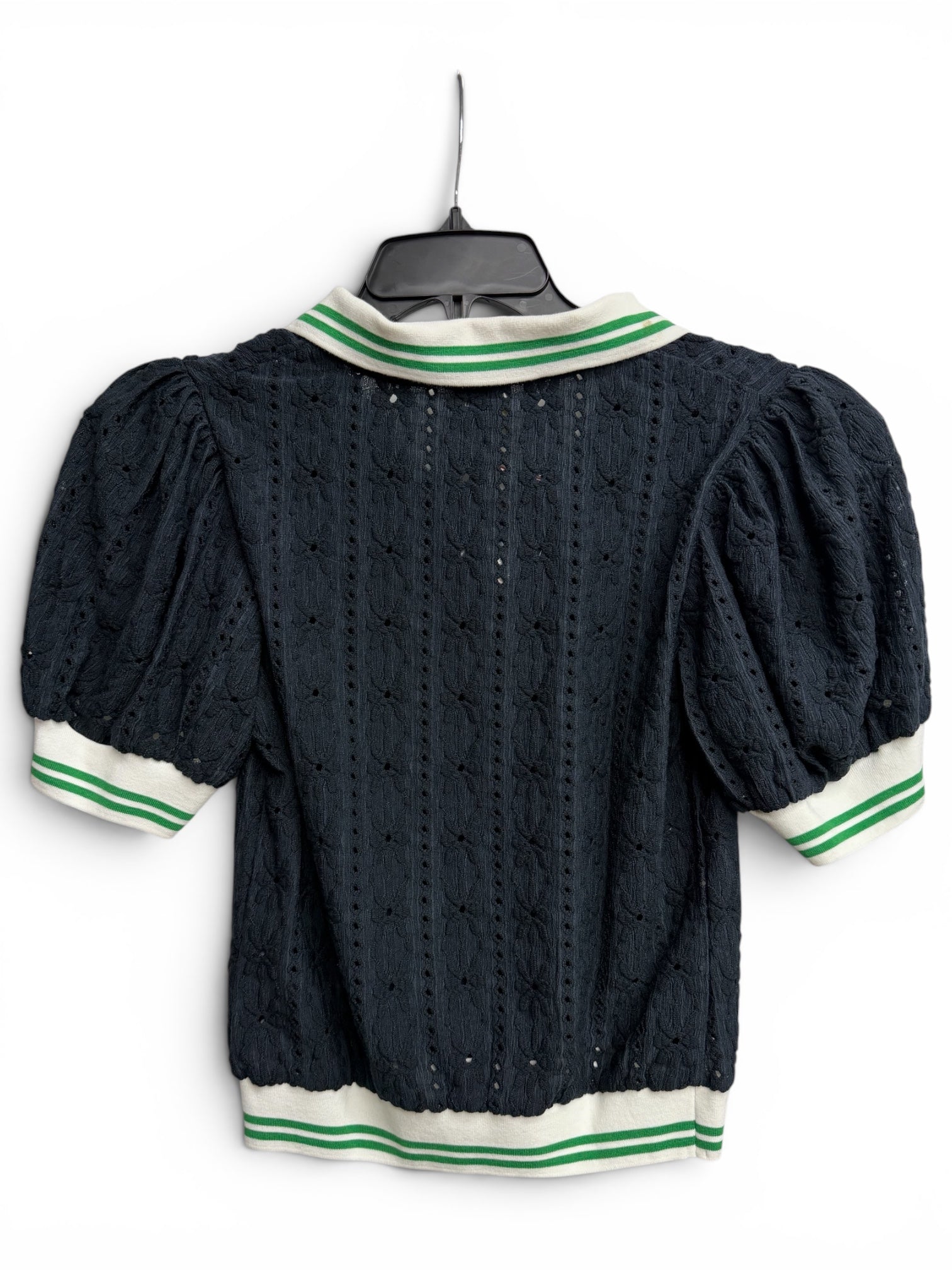 ✨ Anthropologie Maeve Navy Textured Knit Polo Top Jewel Button Puff Sleeve Preppy Sweater Shirt ✨ Size XS