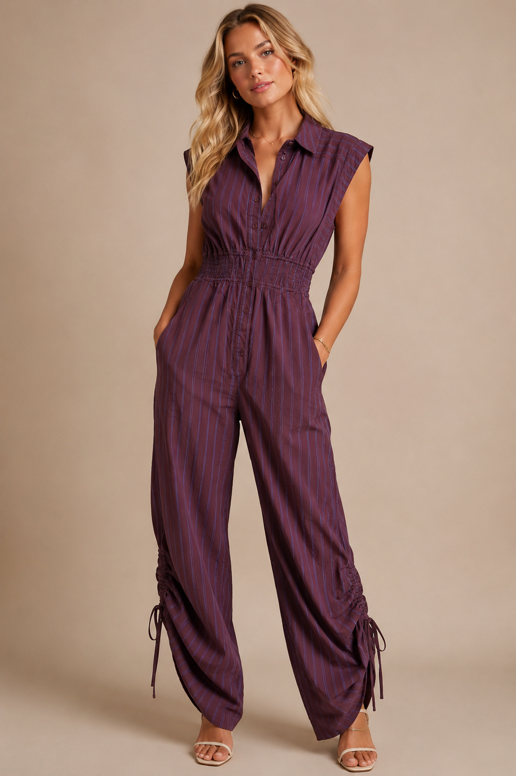 🖤 Anthropologie Burgundy Pinstripe Utility Jumpsuit – Ruched Leg Sleeveless One Piece – Size Small 🖤