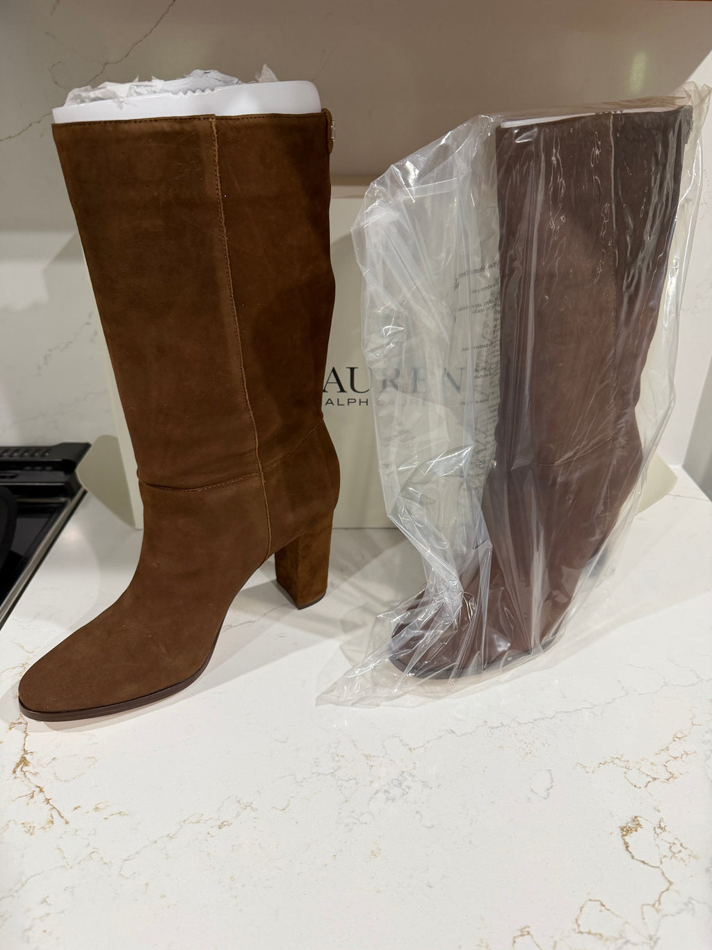 Brown Lauren Ralph Lauren Artizan II knee-high suede boots for women, size 9B, with a sleek design and comfortable fit