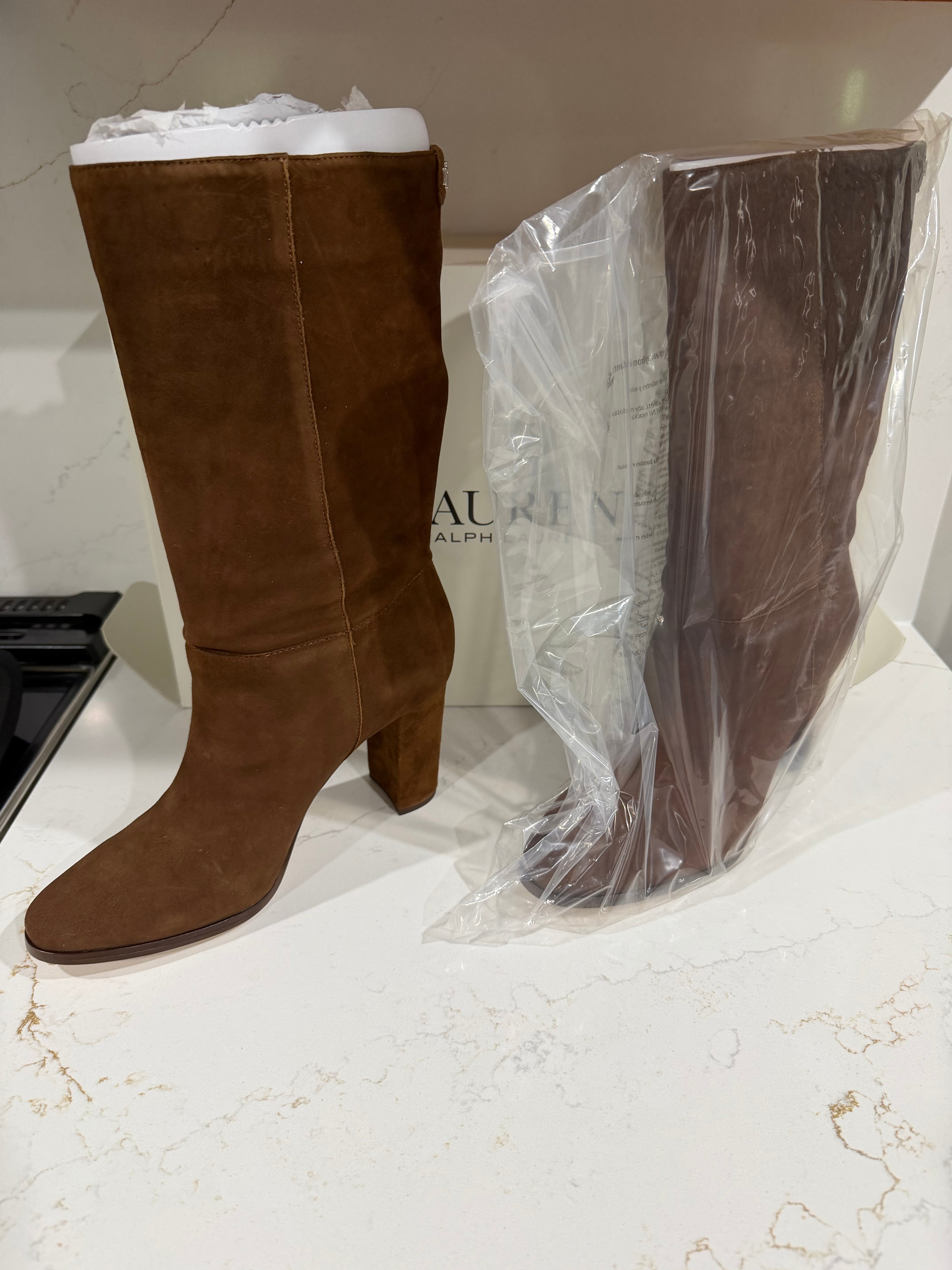 Brown Lauren Ralph Lauren Artizan II knee-high suede boots for women, size 9B, with a sleek design and comfortable fit