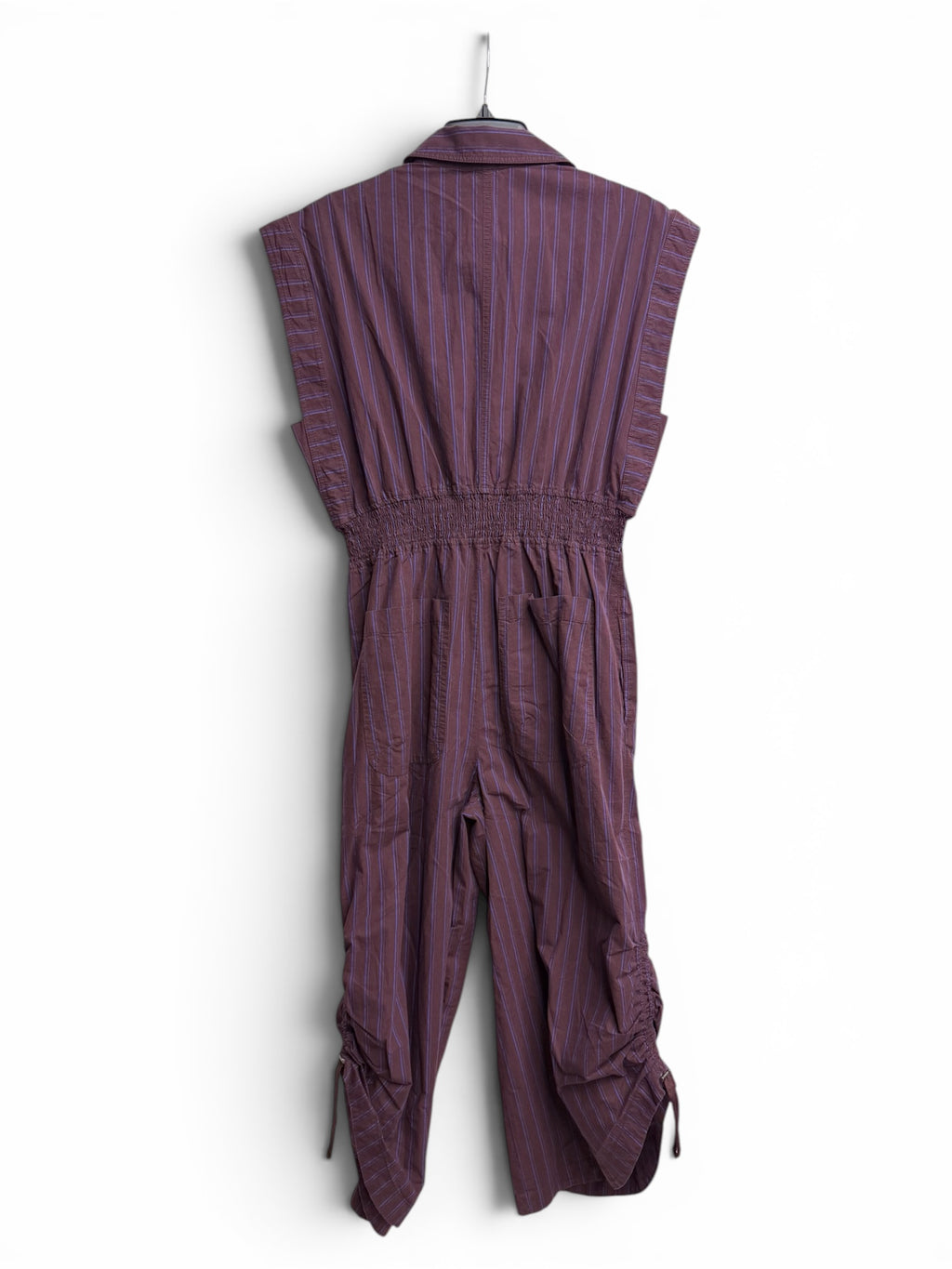 🖤 Anthropologie Burgundy Pinstripe Utility Jumpsuit – Ruched Leg Sleeveless One Piece – Size Small 🖤