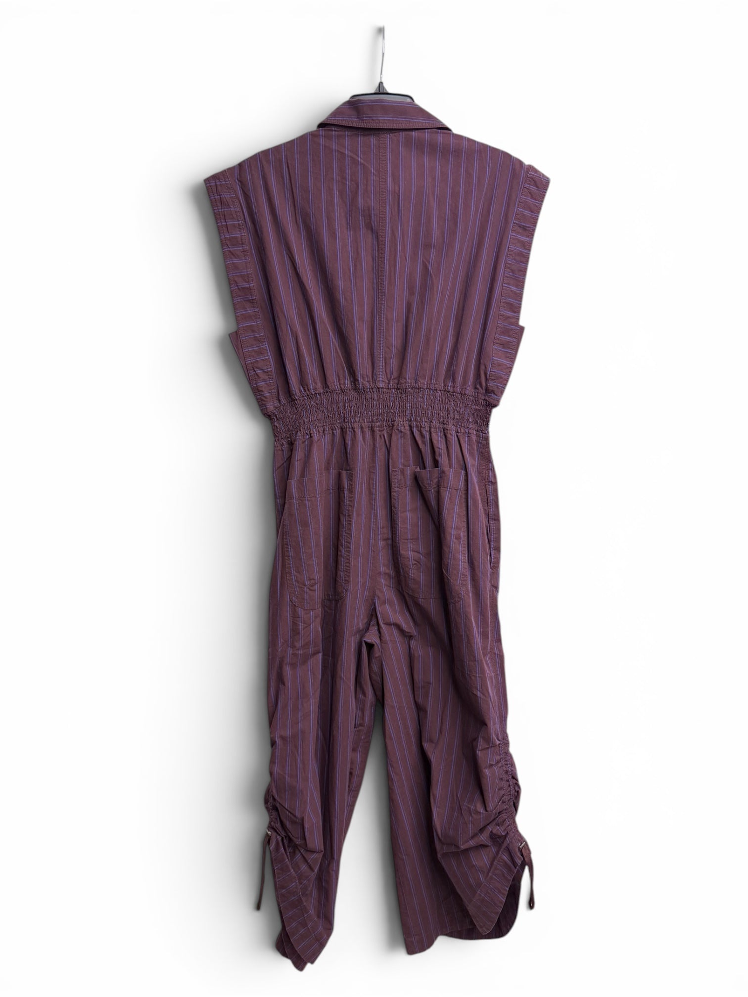 🖤 Anthropologie Burgundy Pinstripe Utility Jumpsuit – Ruched Leg Sleeveless One Piece – Size Small 🖤