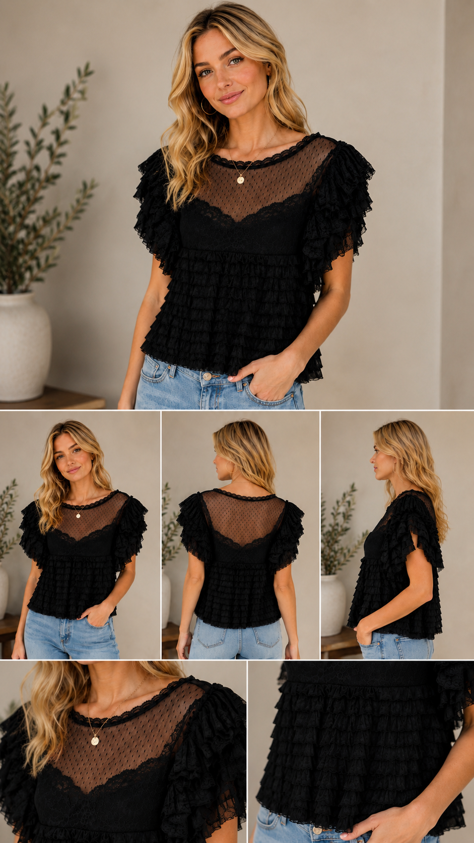 🖤 Anthropologie Black Onyx Sheer Swiss Dot Lace Ruffle Flutter Sleeve Blouse Top 🖤 - Size Large