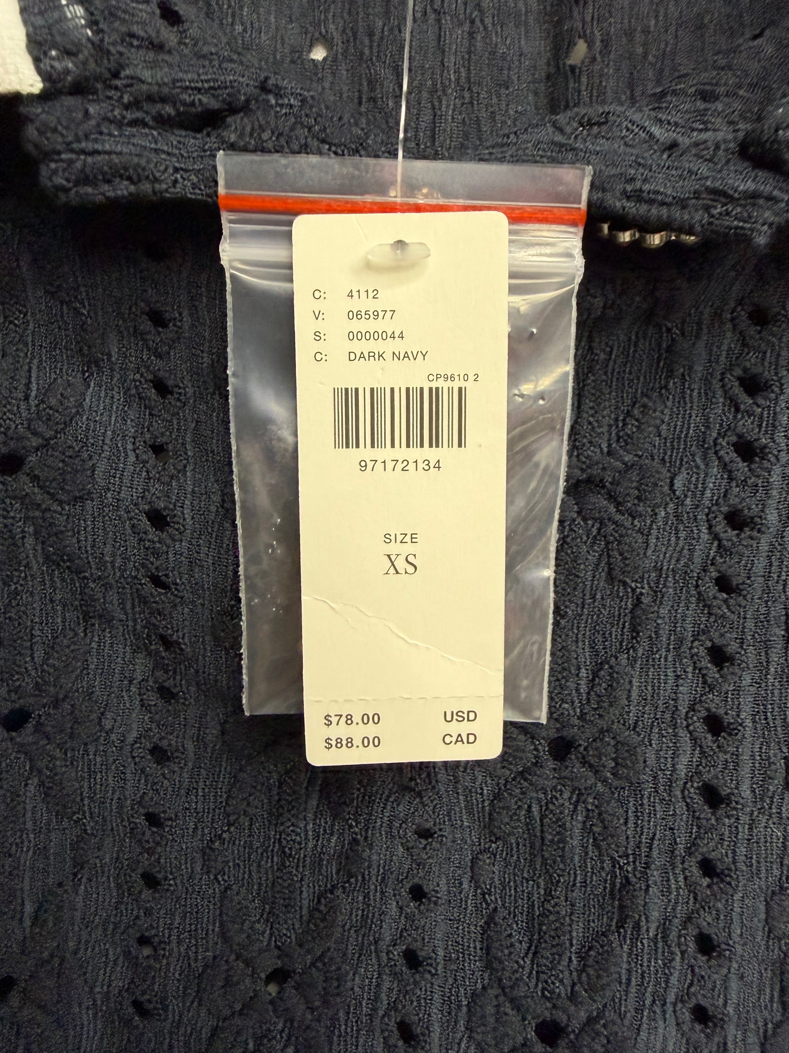 Anthropologie Maeve navy textured knit polo top with jewel buttons and puff sleeves, size XS, casual preppy sweater shirt.