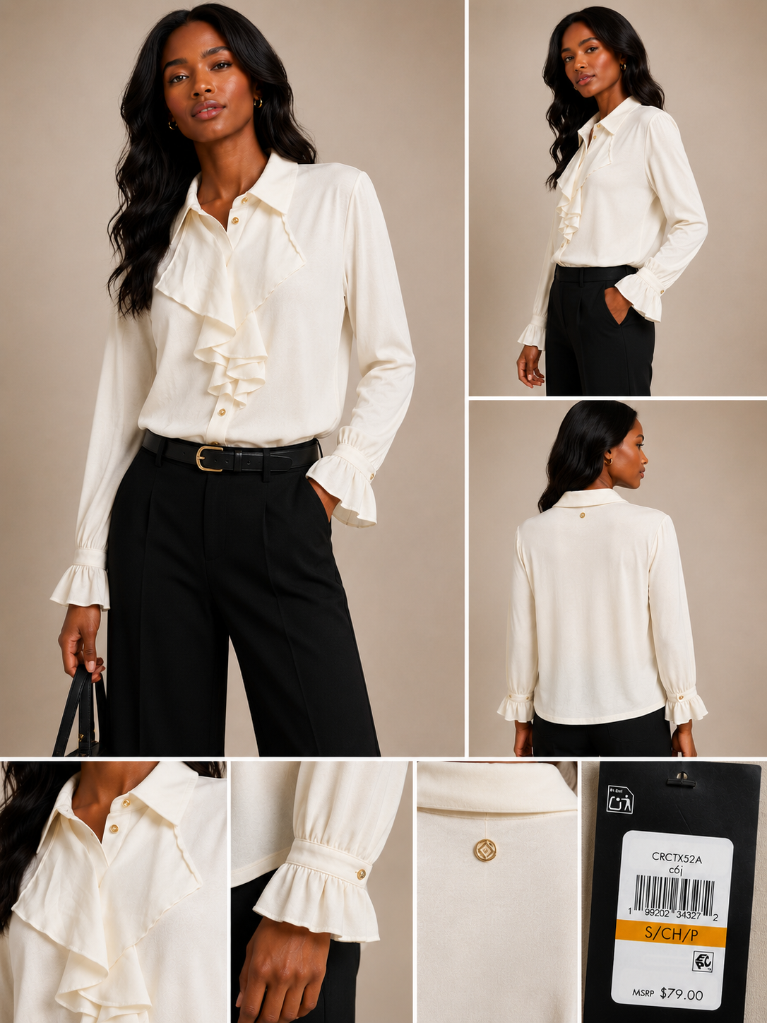 ✨ BCBG Ivory Ruffle Front Blouse – Elegant Long Sleeve Button Detail Top - Size Small