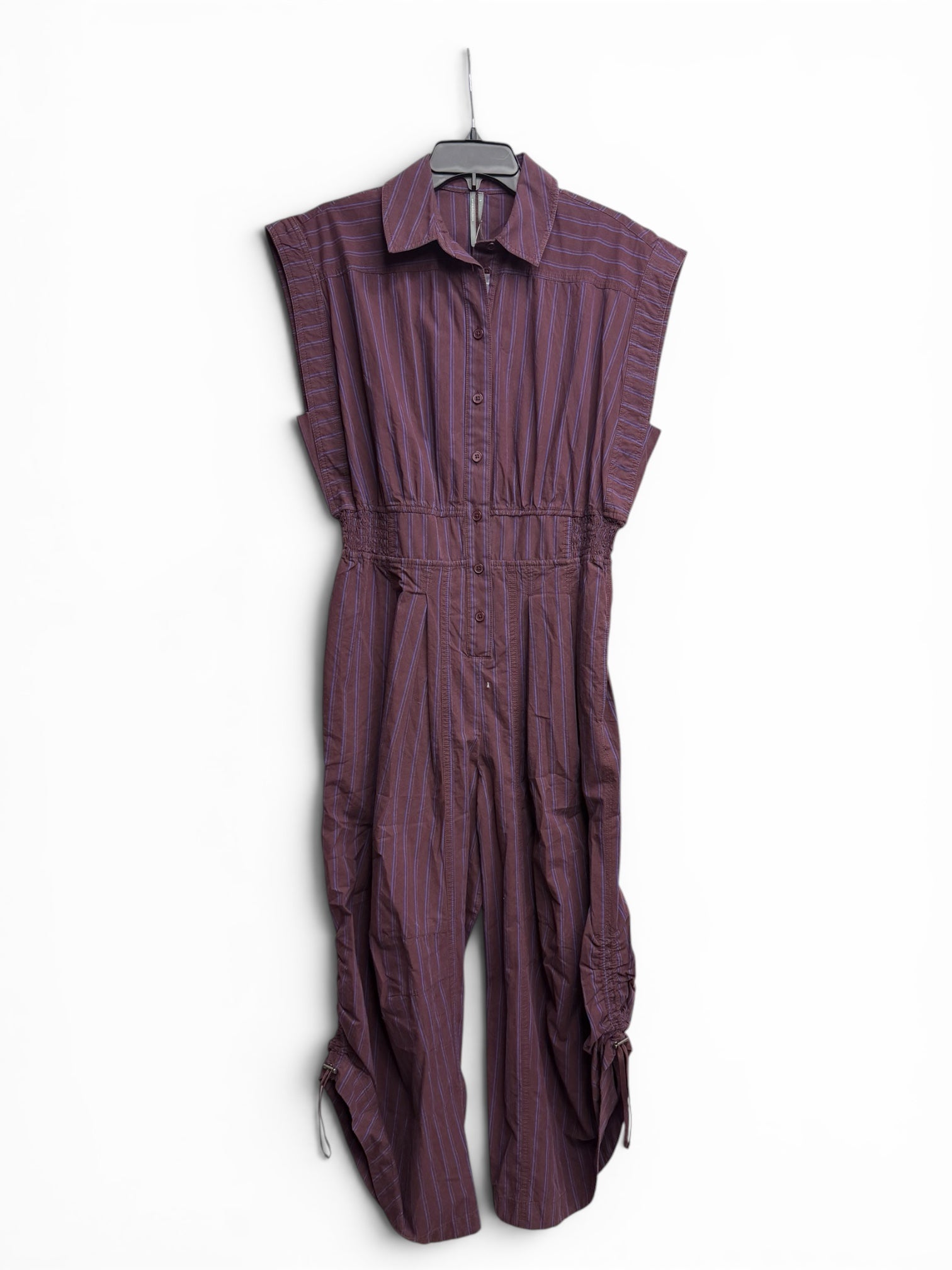 🖤 Anthropologie Burgundy Pinstripe Utility Jumpsuit – Ruched Leg Sleeveless One Piece – Size Small 🖤