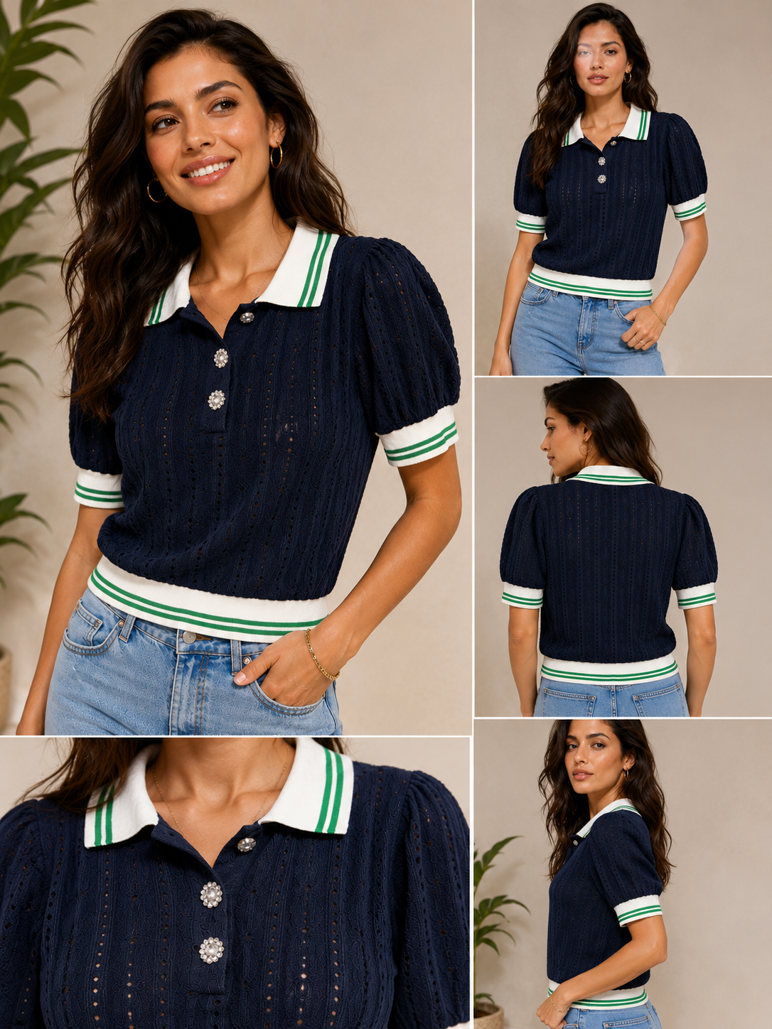 ✨ Anthropologie Maeve Navy Textured Knit Polo Top Jewel Button Puff Sleeve Preppy Sweater Shirt ✨ Size XS