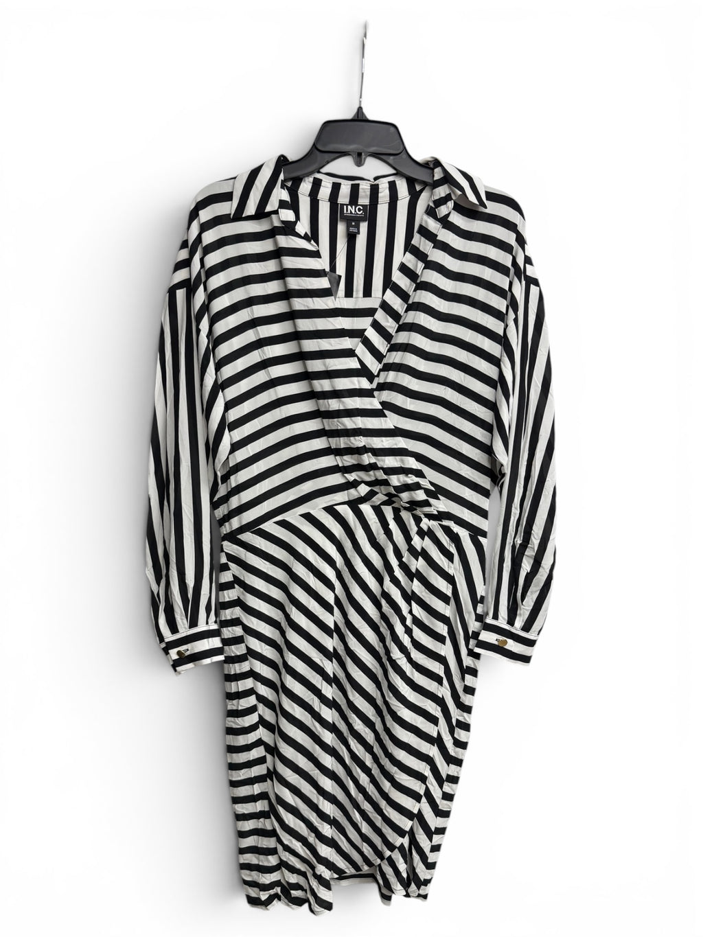🖤 I.N.C. International Concepts Black & White Striped Wrap Shirt Dress | Long Sleeve Collared Midi Dress | Size Medium