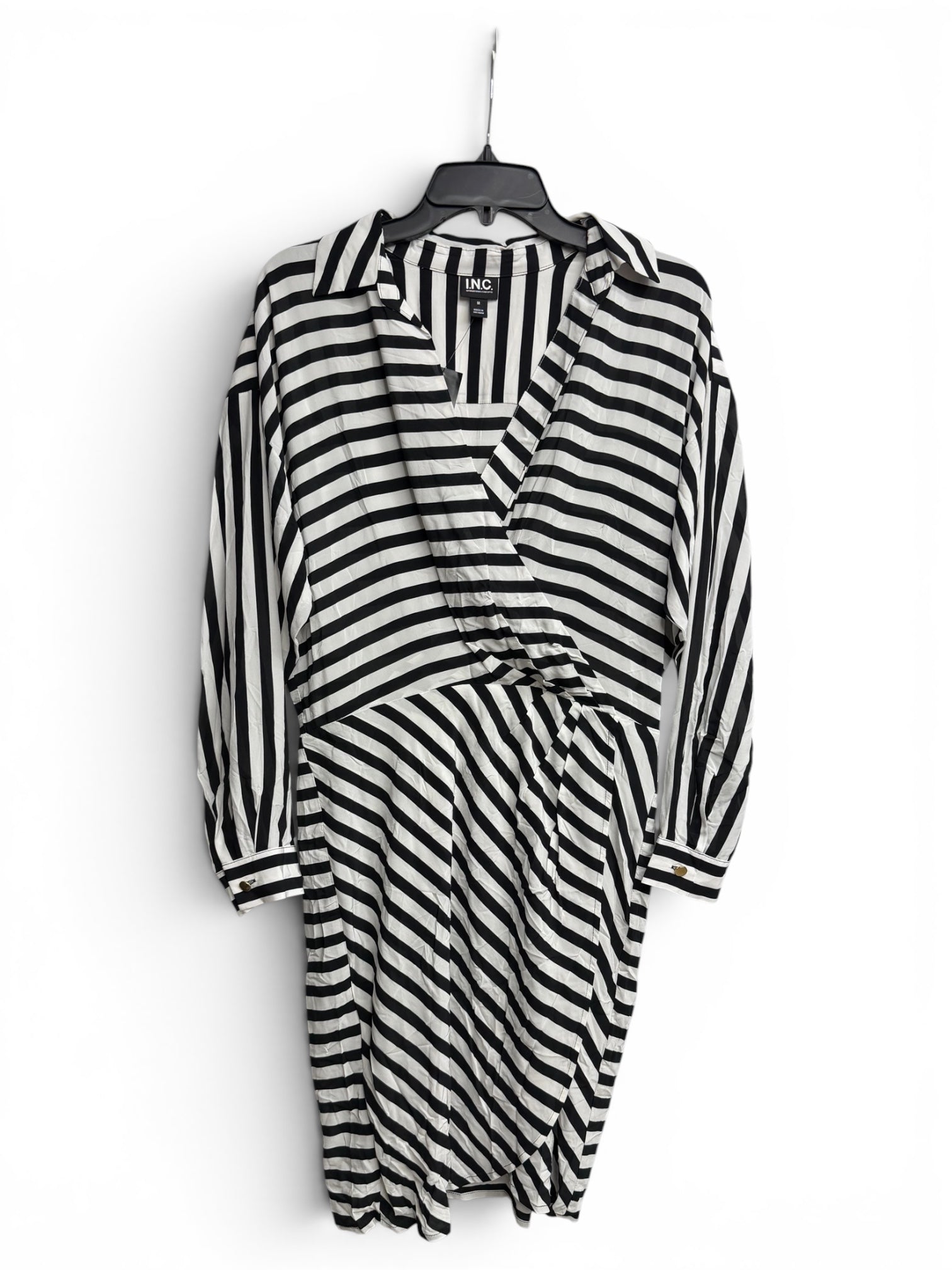 🖤 I.N.C. International Concepts Black & White Striped Wrap Shirt Dress | Long Sleeve Collared Midi Dress | Size Medium