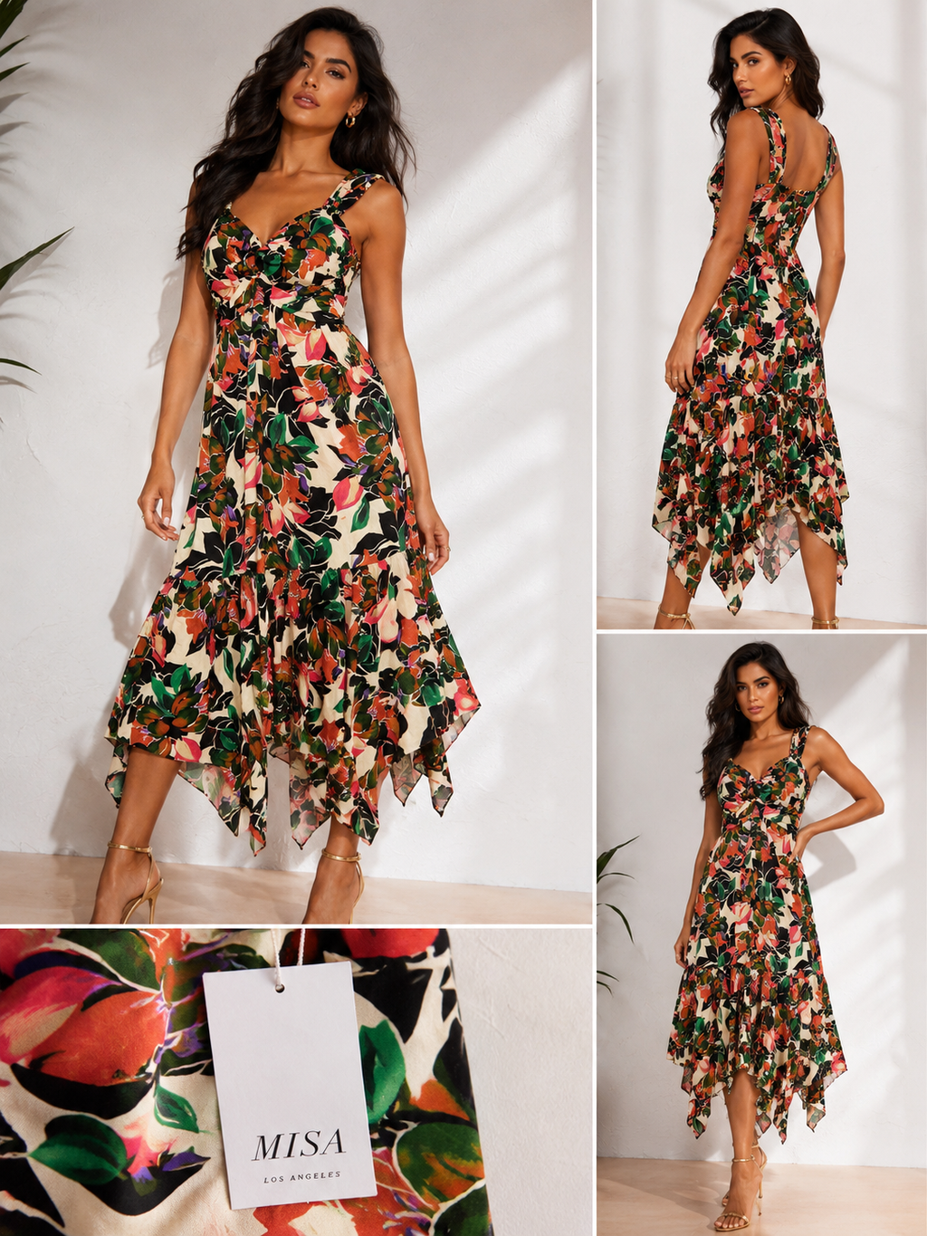 🔥🔥 MISA Esperanza Dress Las Palmas Floral Handkerchief Hem Midi Dress – Tropical Luxury Resort Dress🔥🔥 Size XS