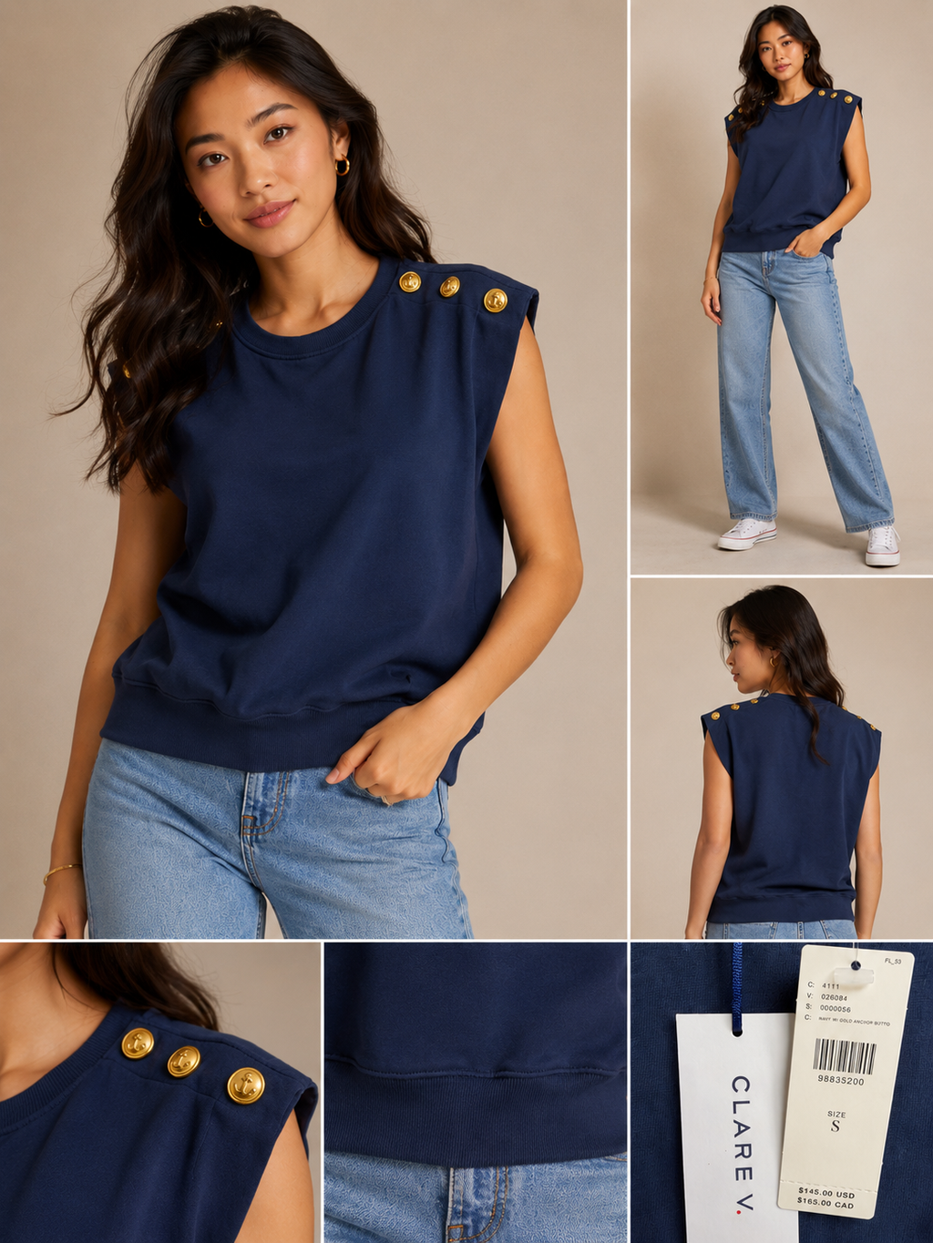 ❤️ Clare V. for Anthropologie Navy Gold Anchor Button Sleeveless Sweatshirt ❤️ Size Small