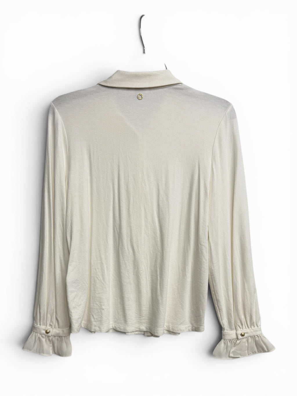 ✨ BCBG Ivory Ruffle Front Blouse – Elegant Long Sleeve Button Detail Top - Size Small