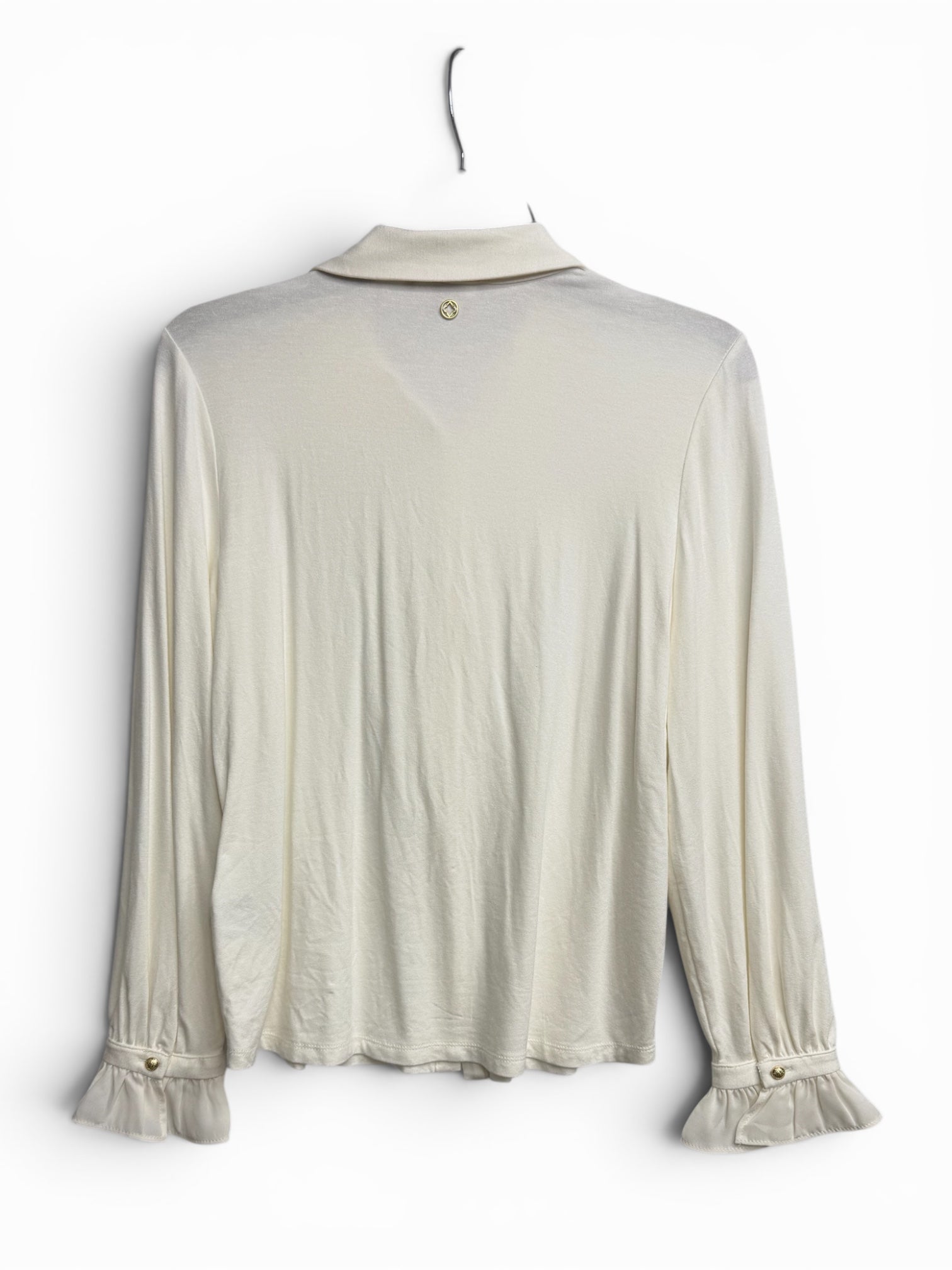 ✨ BCBG Ivory Ruffle Front Blouse – Elegant Long Sleeve Button Detail Top - Size Small
