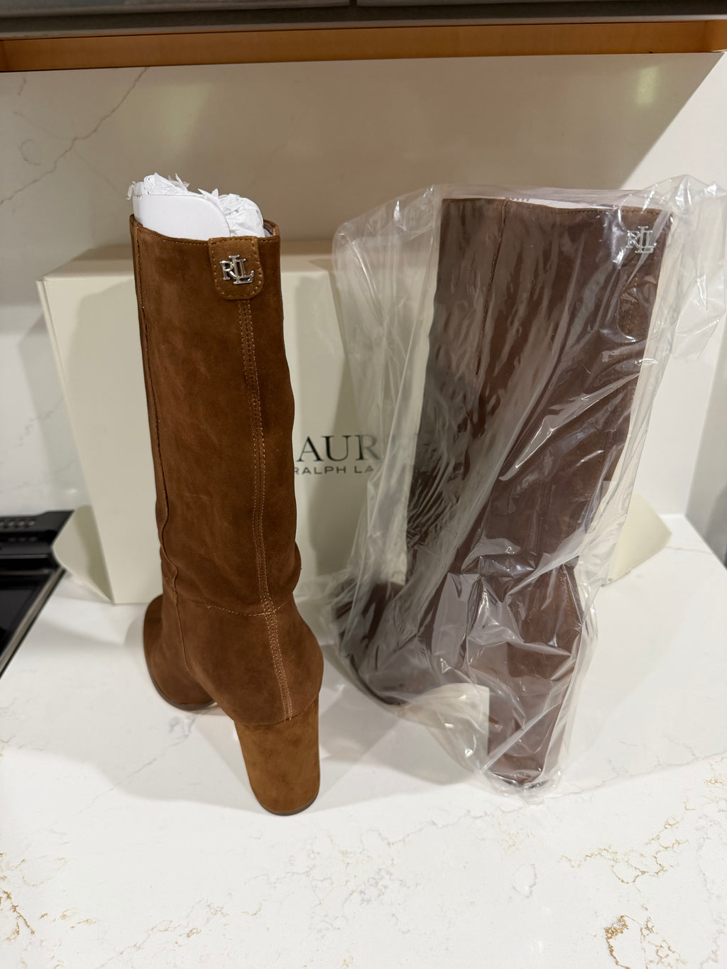 Lauren Ralph Lauren Artizan II brown kid suede knee-high boots for women, size 9B, shown on a model.