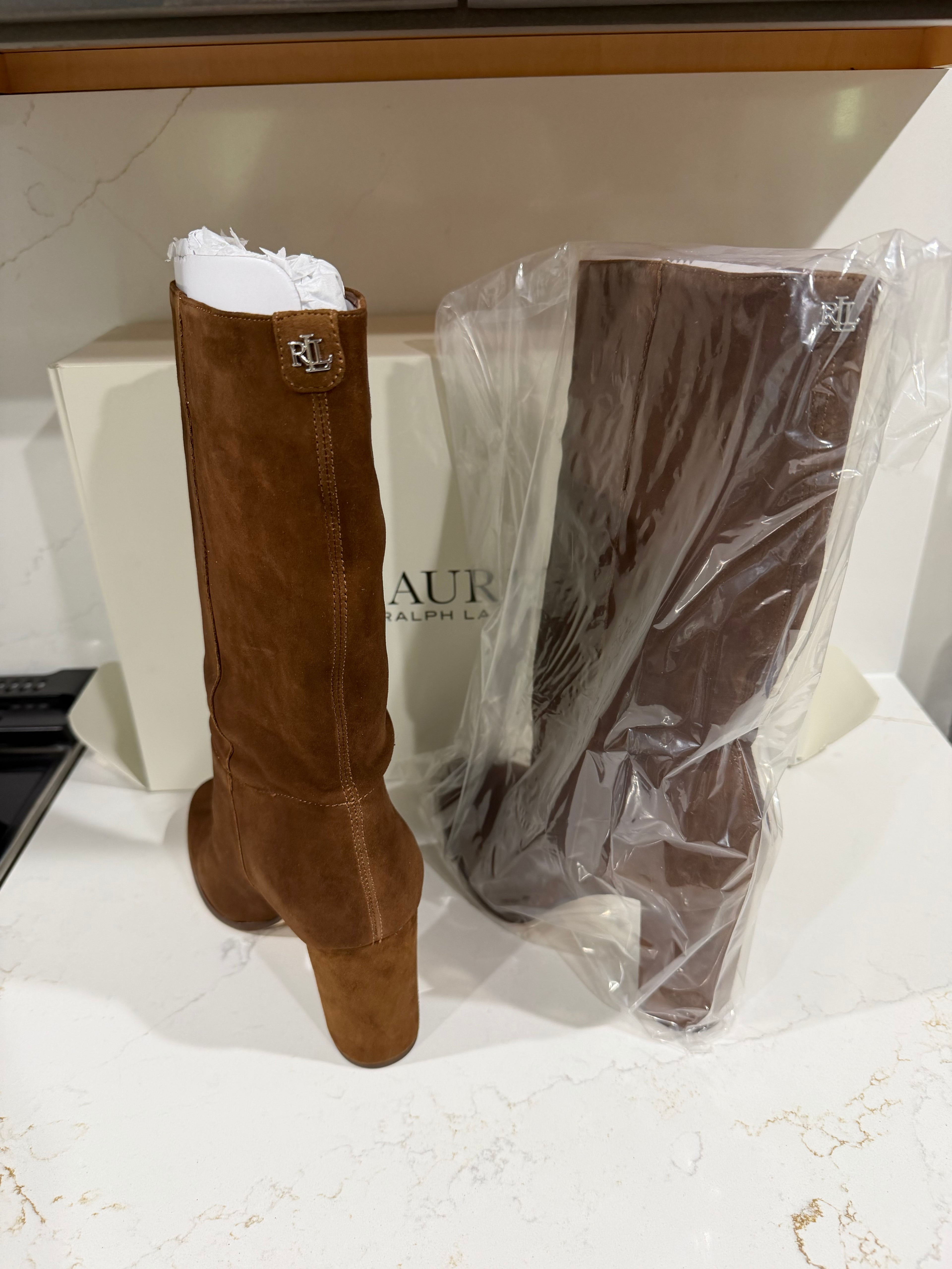 Lauren Ralph Lauren Artizan II brown kid suede knee-high boots for women, size 9B, shown on a model.