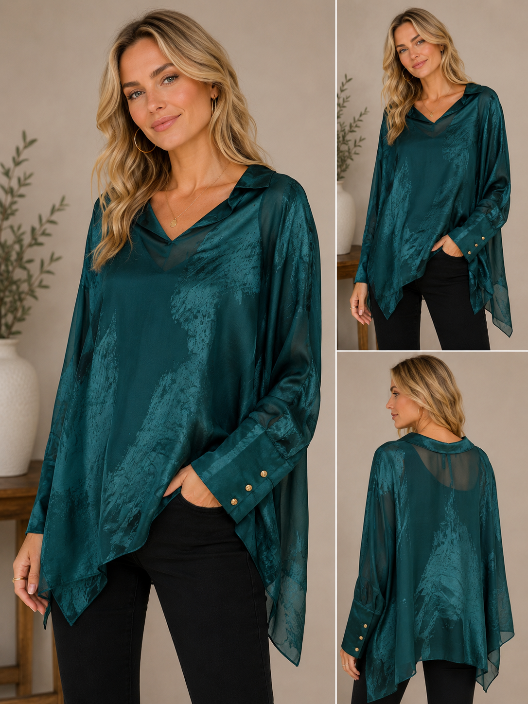 🌲 Donna Karan New York Emerald Satin Sheer Overlay Blouse – Elegant Flowy Designer Top ✨ Size Large