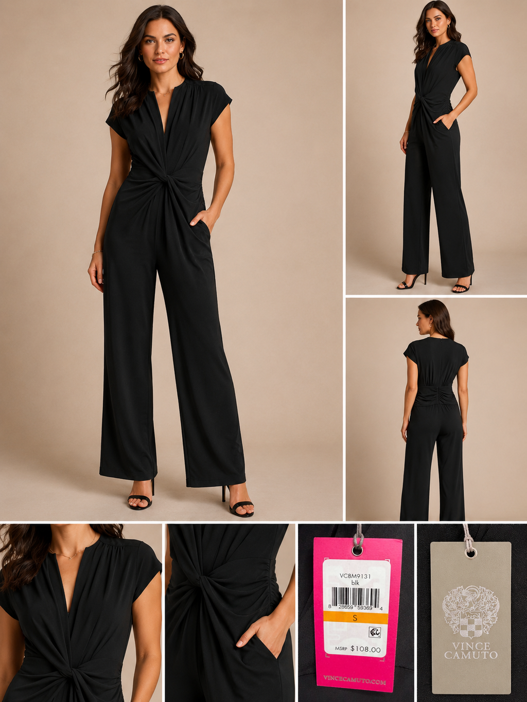 🖤 Vince Camuto Black Twist Front Wide Leg Jumpsuit – Elegant V-Neck One Piece Women’s Size S