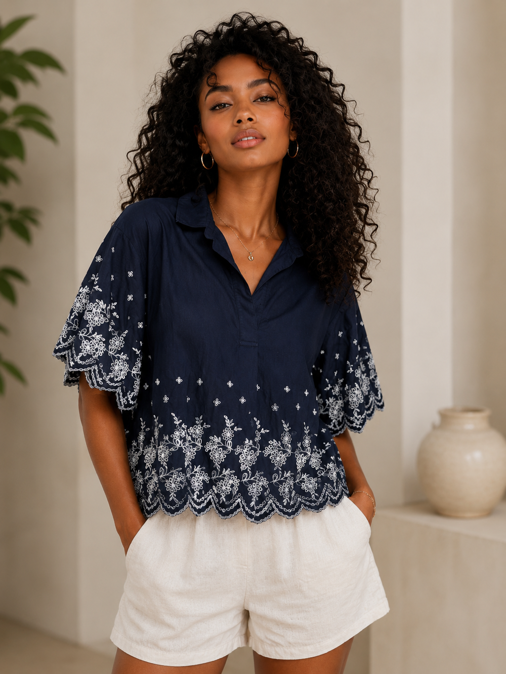 ✨ CeCe C’est La Vie Embroidered Flutter Sleeve Blouse – Night Shade Navy | Scalloped Hem Top ✨ Size Small