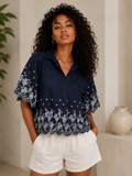 ✨ CeCe C’est La Vie Embroidered Flutter Sleeve Blouse – Night Shade Navy | Scalloped Hem Top ✨ Size Small