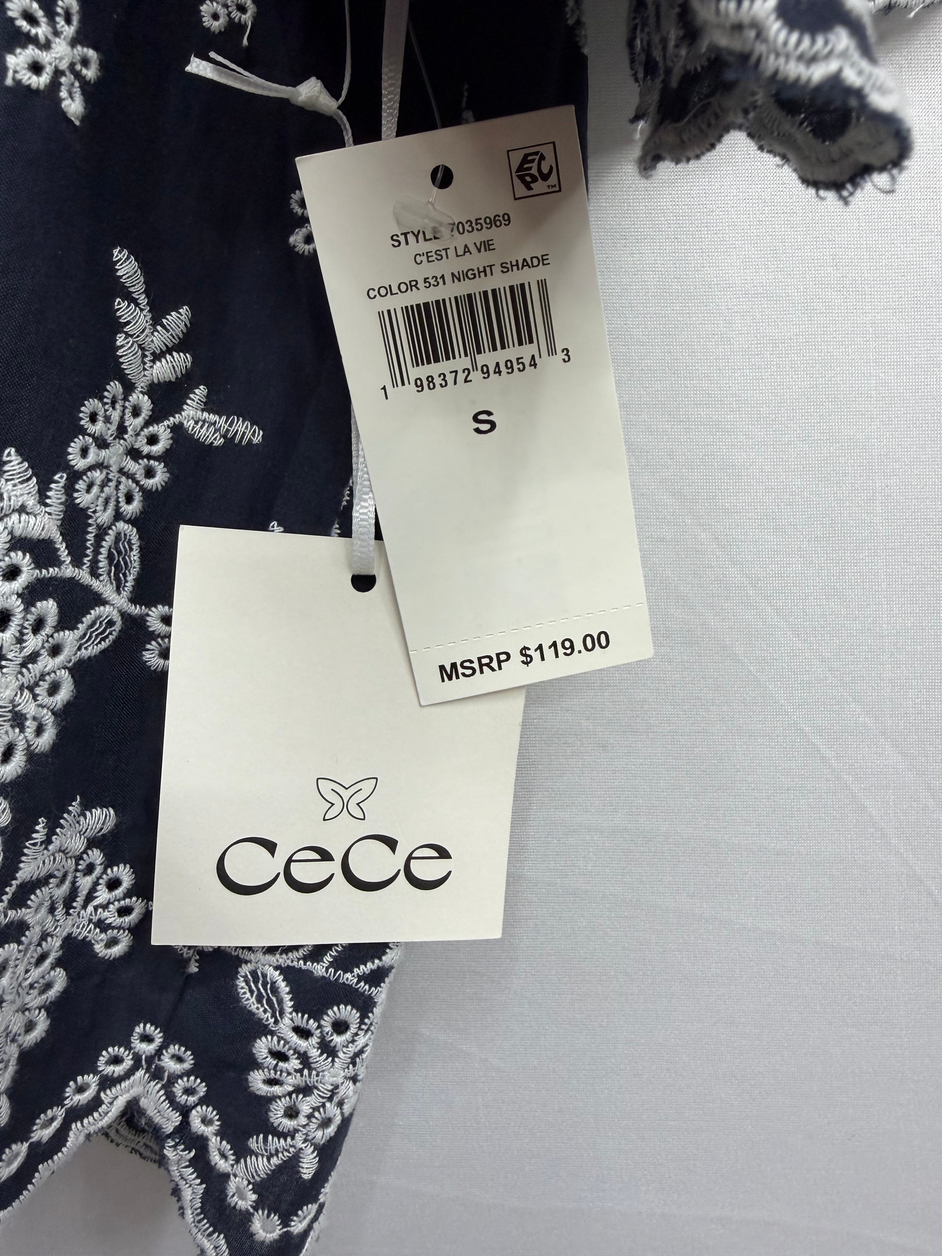 ✨ CeCe C’est La Vie Embroidered Flutter Sleeve Blouse – Night Shade Navy | Scalloped Hem Top ✨ Size Small