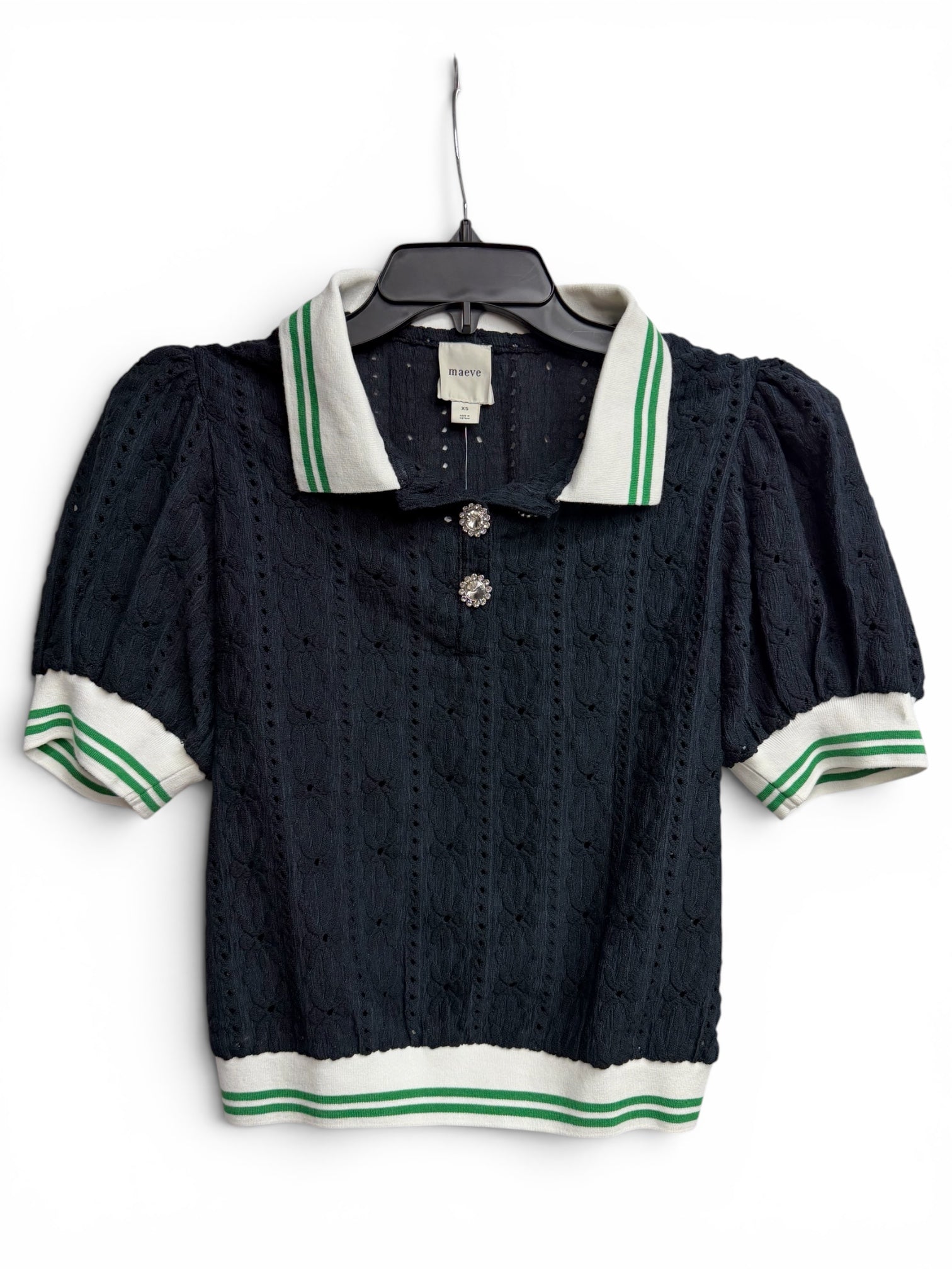 ✨ Anthropologie Maeve Navy Textured Knit Polo Top Jewel Button Puff Sleeve Preppy Sweater Shirt ✨ Size XS
