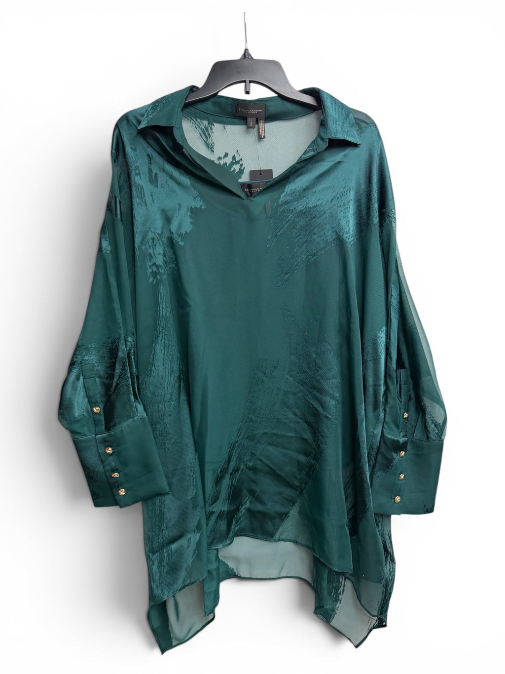 🌲 Donna Karan New York Emerald Satin Sheer Overlay Blouse – Elegant Flowy Designer Top ✨ Size Large