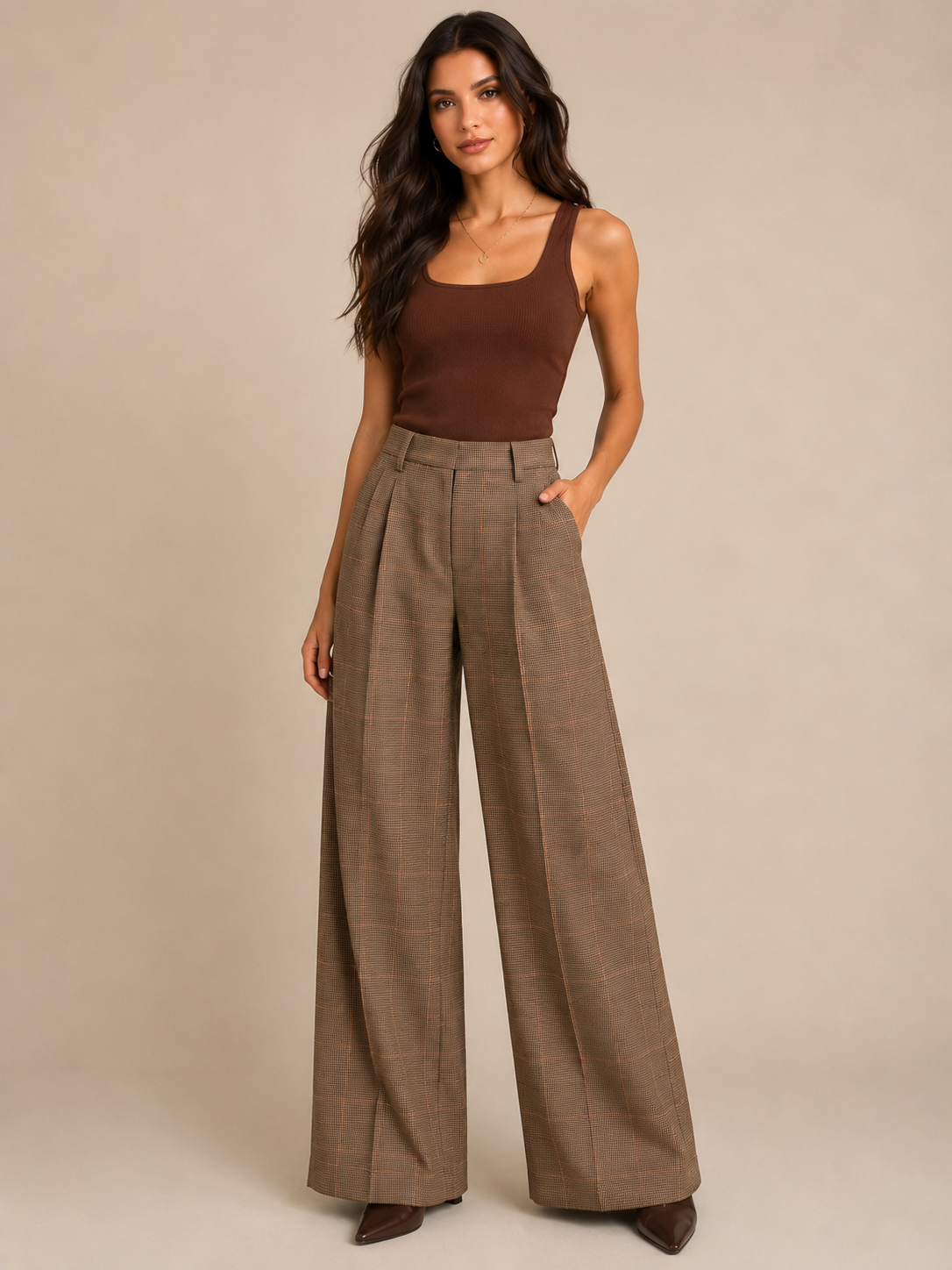 🧸🤎 Anthropologie Petites Brown Plaid Wide-Leg Trouser Pants | High Rise Tailored Relaxed Fit ✨ Petite Medium (MP)