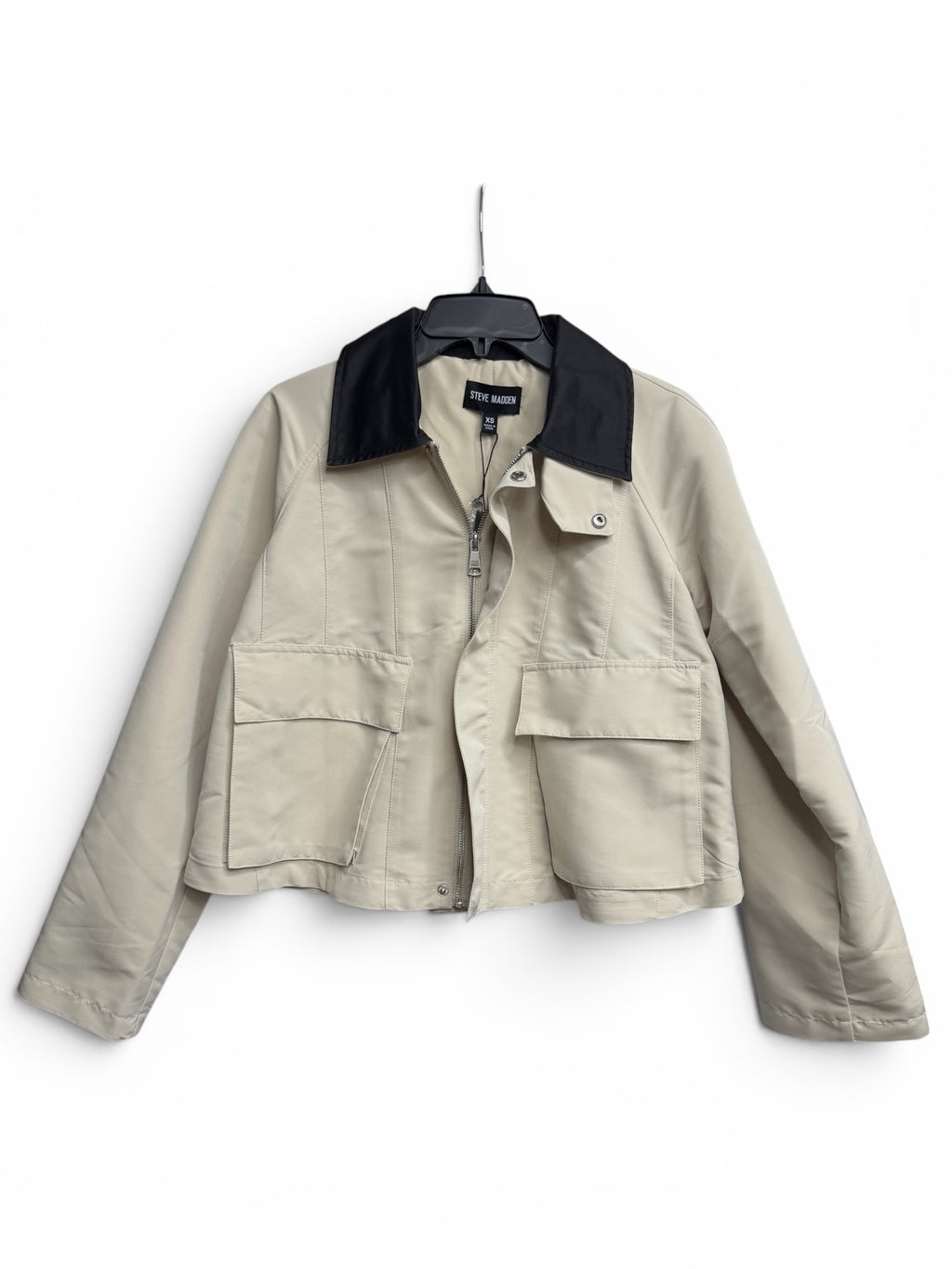 🖤 Steve Madden Justina Jacket – Oatmeal & Black Contrast Collar Cropped Utility Jacket | Chic Modern Layer - Size XS