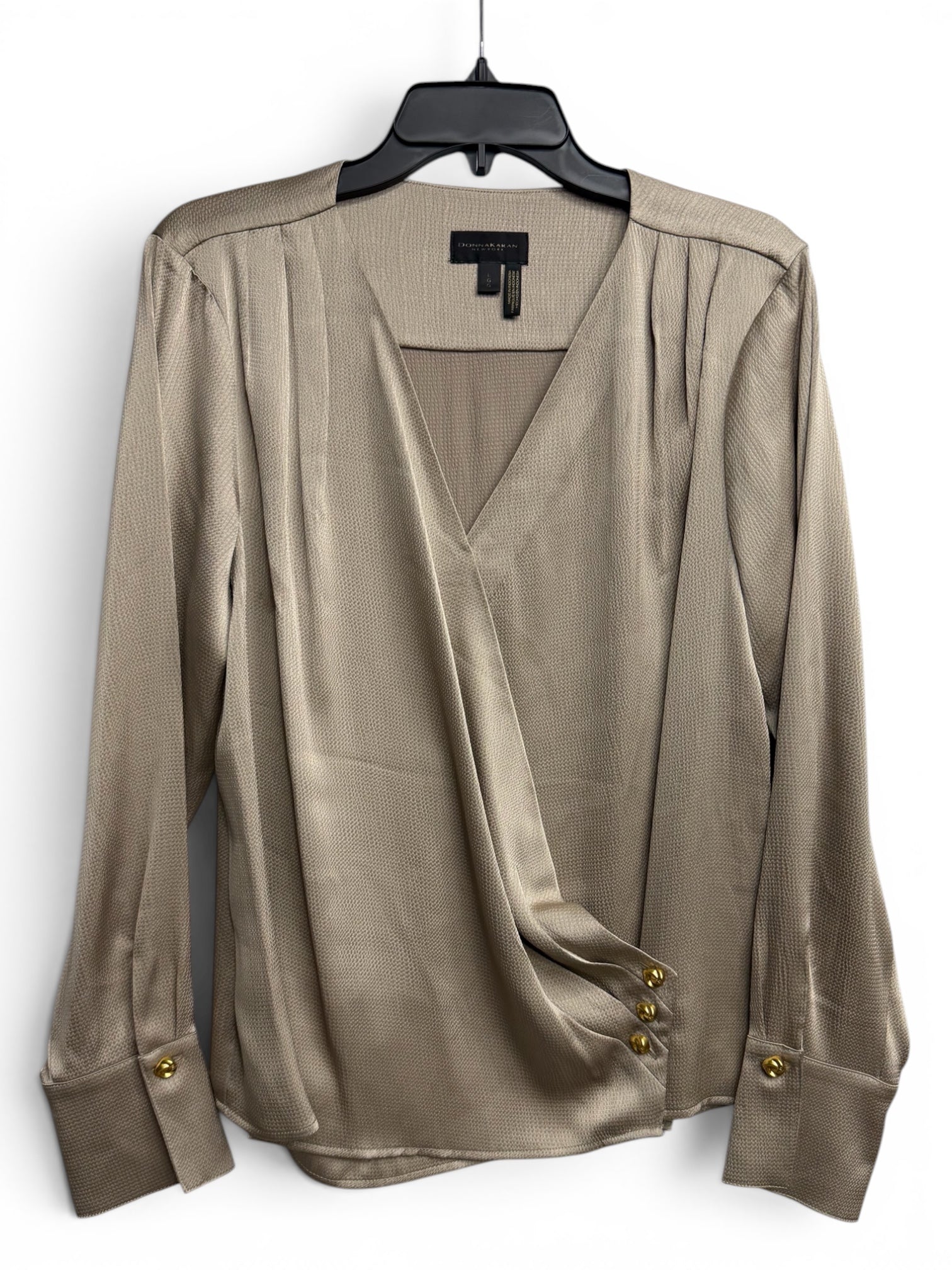 ✨🤎 Donna Karan New York Satin Wrap Blouse – Champagne Taupe – Gold Button Detail – Size Large 🤎✨
