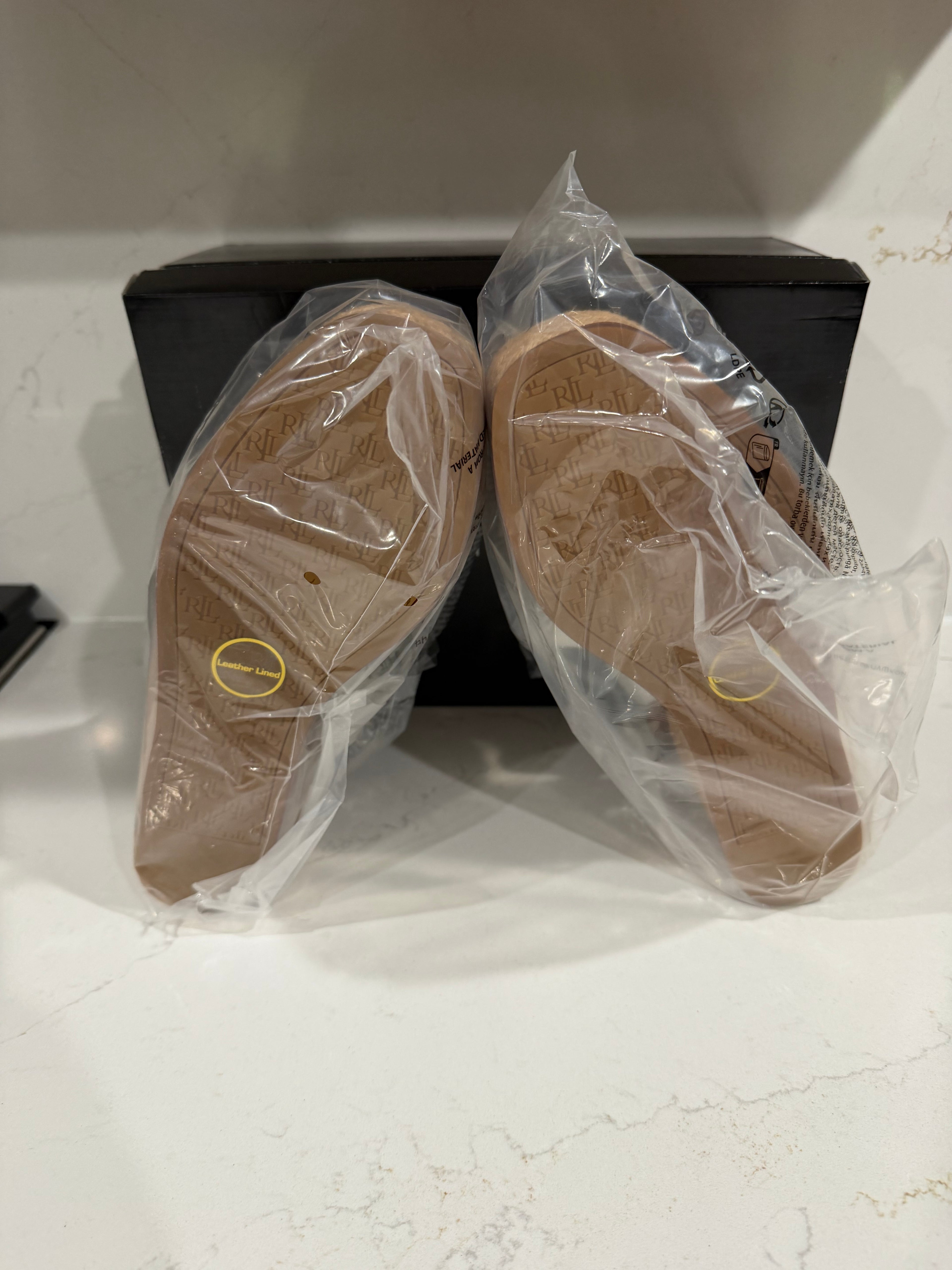 Brown kid suede Lauren Ralph Lauren Leona espadrille wedge sandals with ankle straps, size 9B, featuring a stylish summery design.