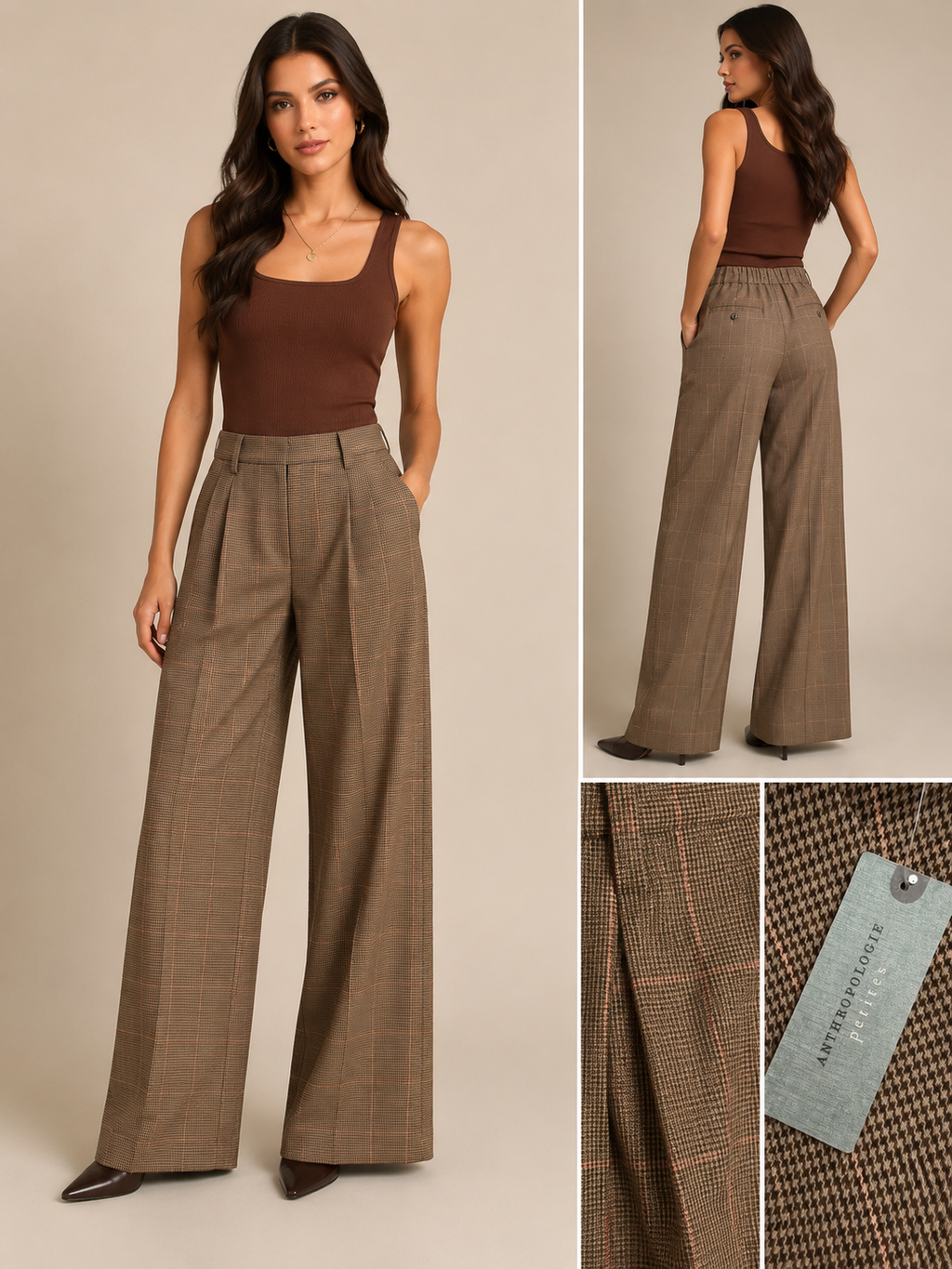 🧸🤎 Anthropologie Petites Brown Plaid Wide-Leg Trouser Pants | High Rise Tailored Relaxed Fit ✨ Petite Medium (MP)
